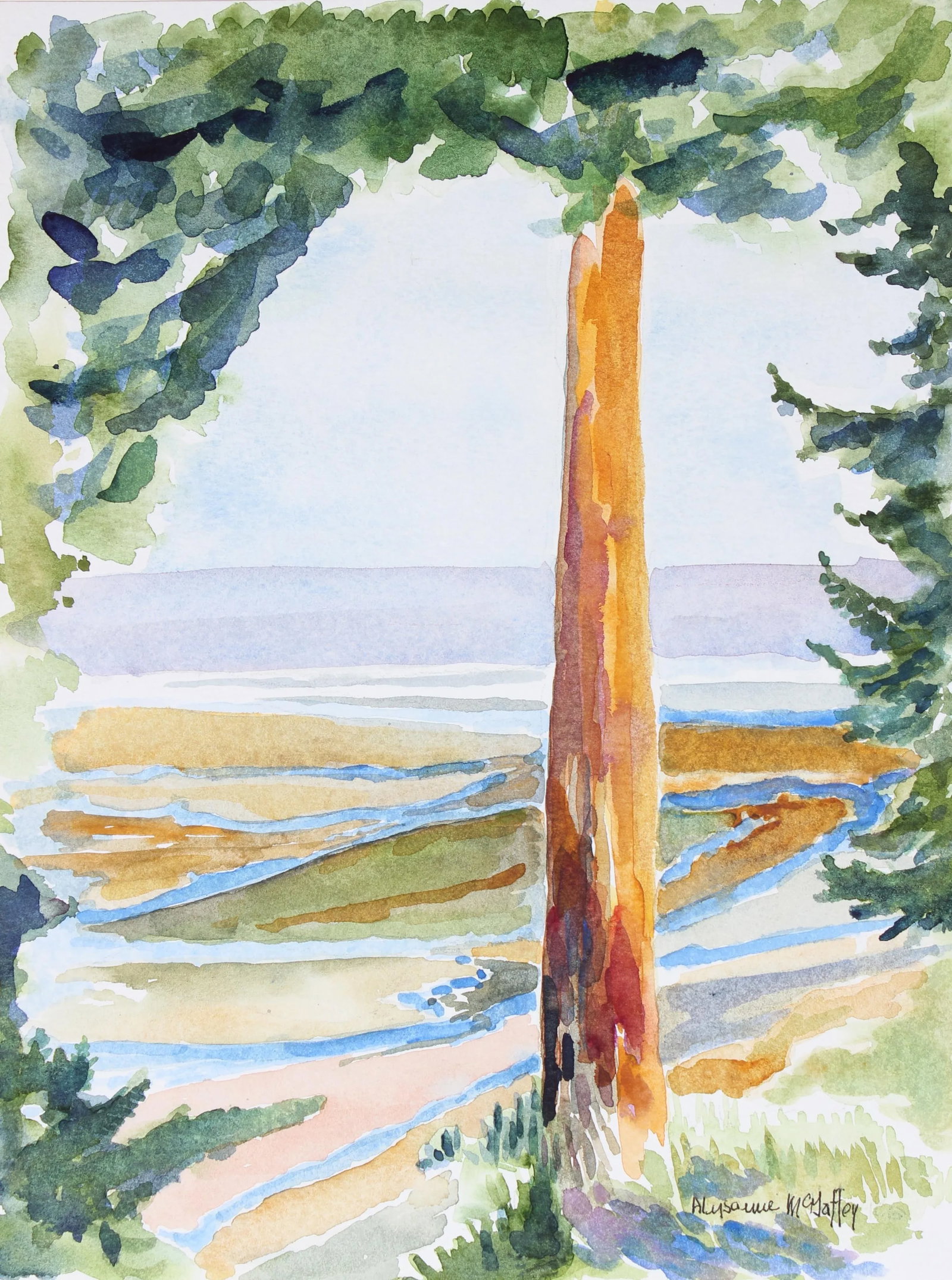 Looking Down on Skagit River Flats 20th Century Watercolor - 3