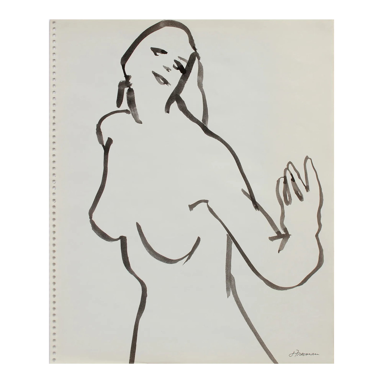 Loose Modernist Figure Late 1970s Ink: This 1970s Modernist ink on paper nude drawing is by San Francisco painter Jack Freeman (1938-2014). Freeman studied at the High Museum of Art in Atlanta, landscape and figure drawing with Oskar Kokos