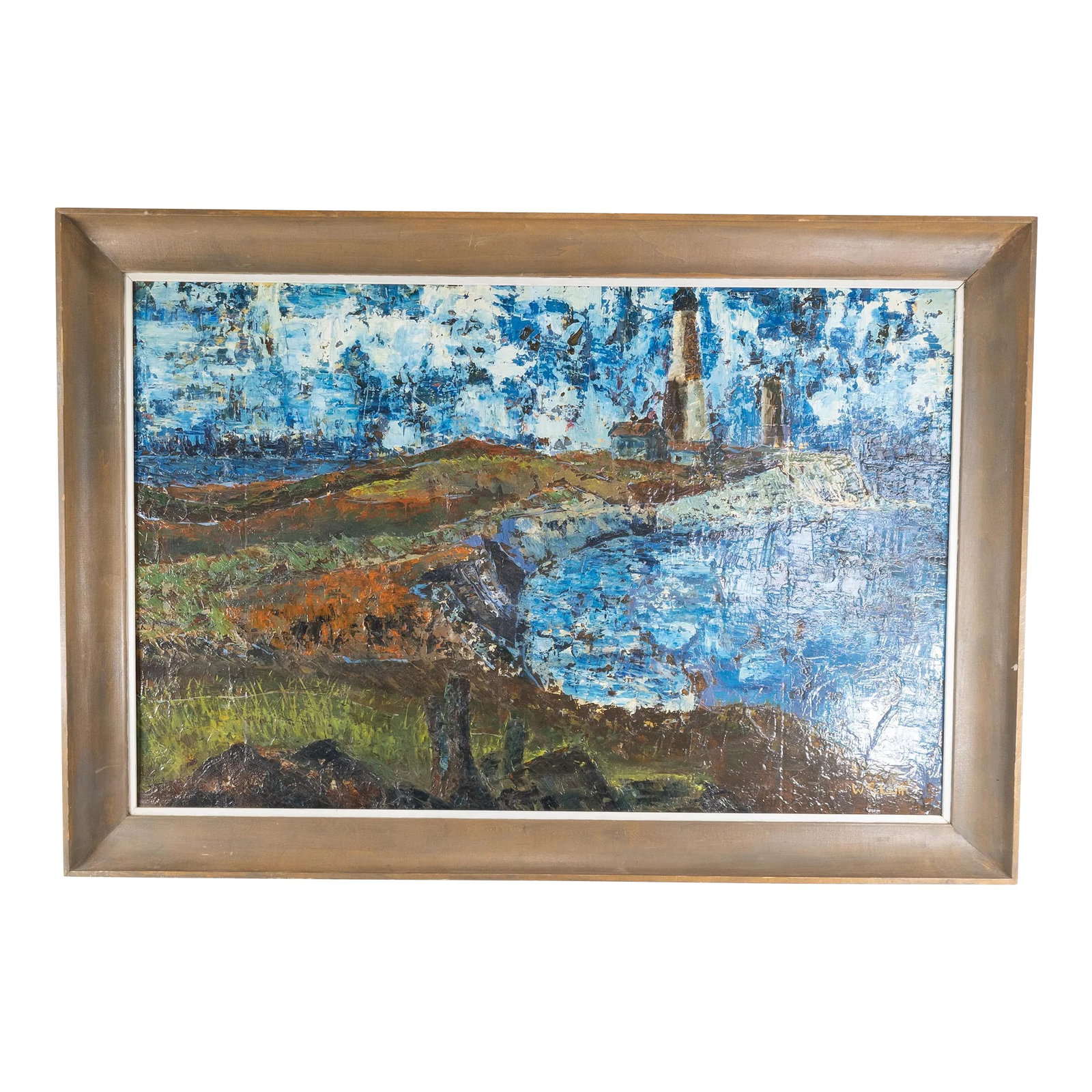 Mid-Century Abstract Landscape Painting of Lighthouses: We are selling this very attractive mid-century painting. This abstract painting with very stylish sky appears to be of Boston Light and Graves lighthouse in Boston. The painting is signed W.S. Leith