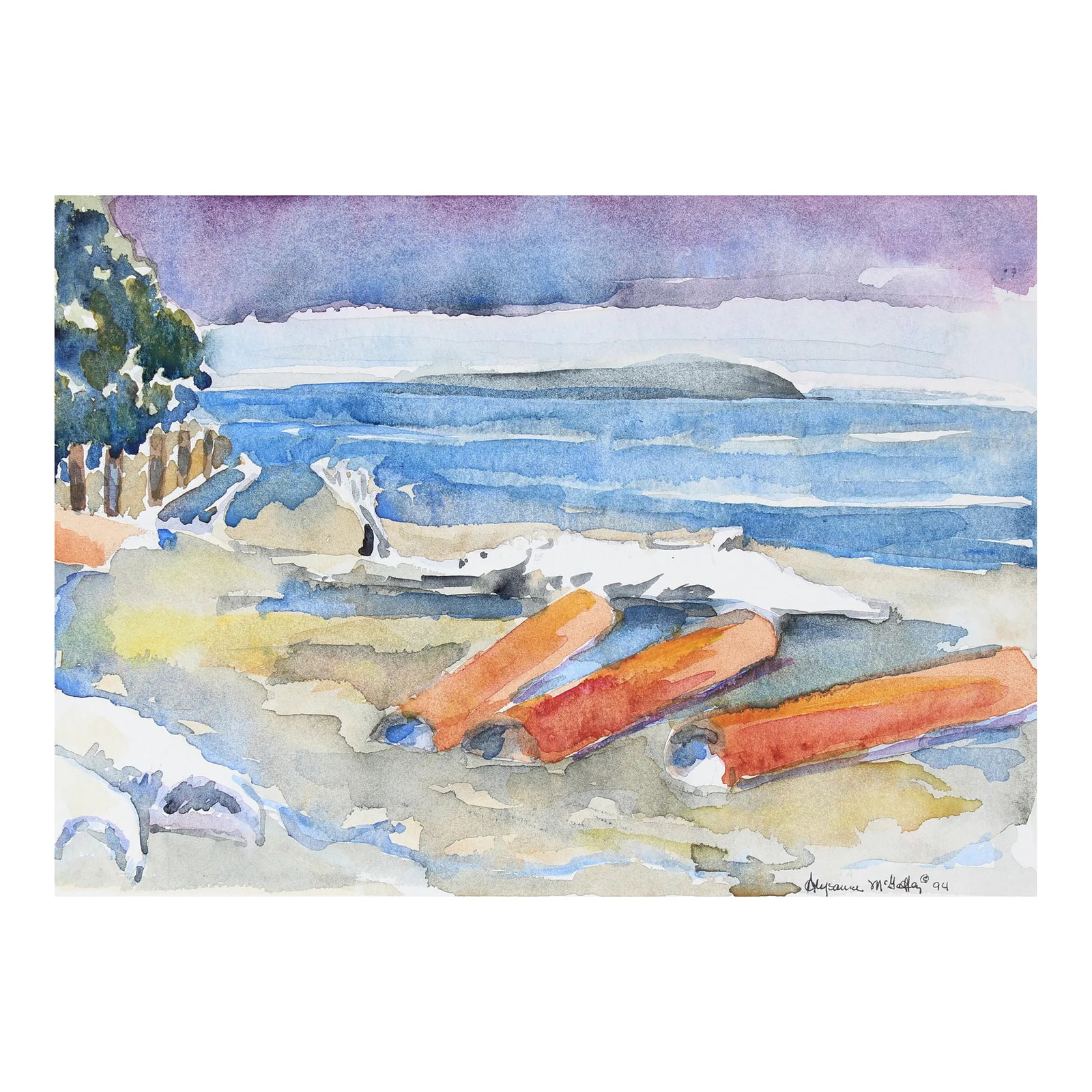 Logs at Spee-Bi-Dah 1994 Watercolor: Entitled Logs at Spee-Bi-Dah , this late 20th century Tulalip, Washington watercolor on paper is by Bay Area artist Alysanne McGaffey (1931-2018). Born in Seattle, McGaffey moved to San Francisco in t