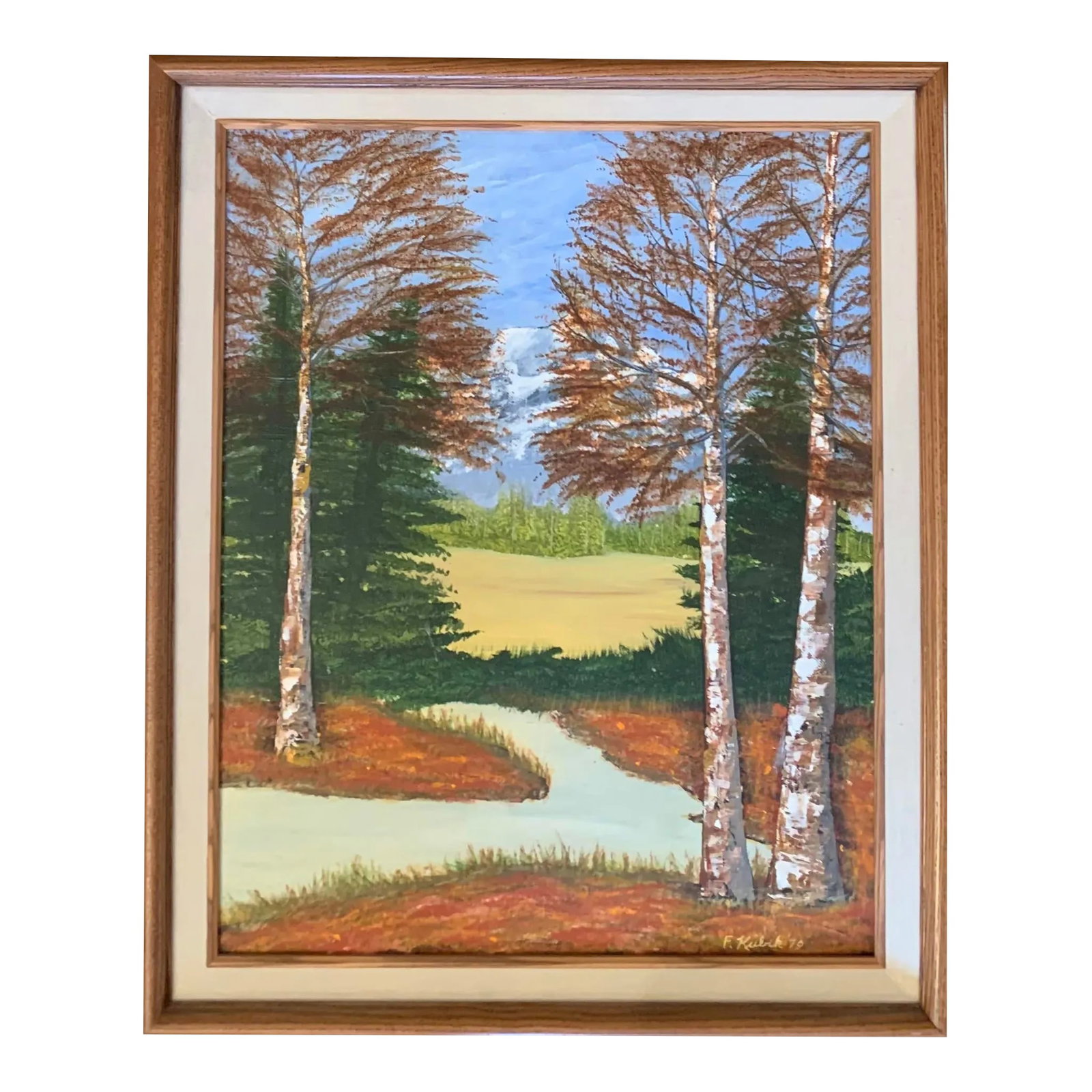 1970s Folk Art Forest Landscape Acrylic Painting, Framed: Vintage acrylic on canvas painting. The artist F. Kubrik, vibrantly depicts a forest and was drawn for a dear friend in 1979. Condition: Alterations: Original Condition Unaltered Imperfections: Some