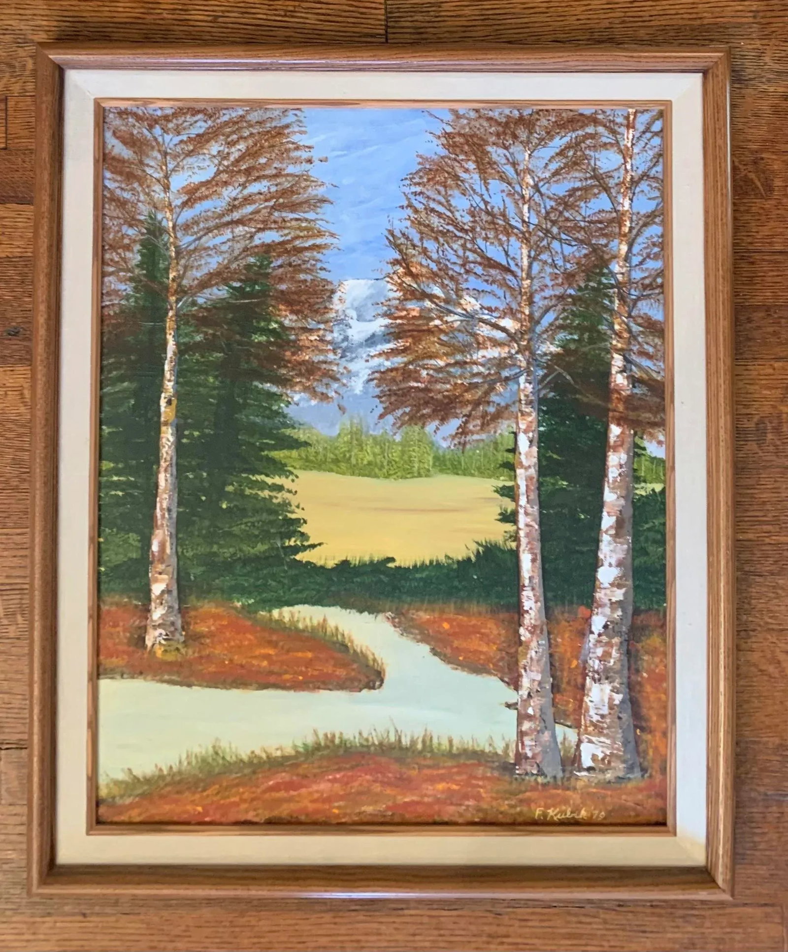 1970s Folk Art Forest Landscape Acrylic Painting, Framed - 7