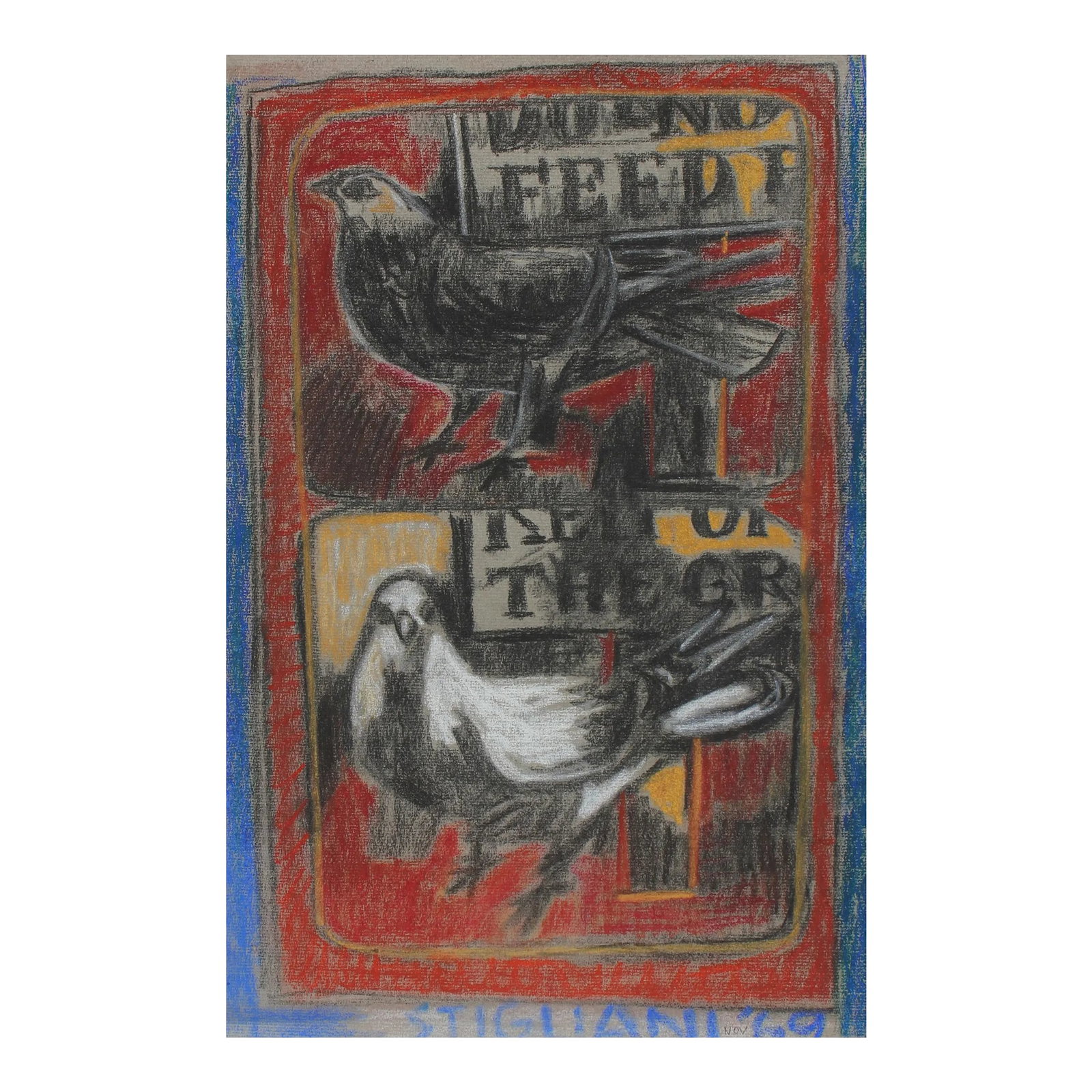 New York Pigeon Study 1969 Pastel: This 1969 pastel on paper drawing of piegons in the city is by Pasquale Patrick Stigliani (1926-2003), a New York City painter and poet. He was an independent artist trained under the principles of