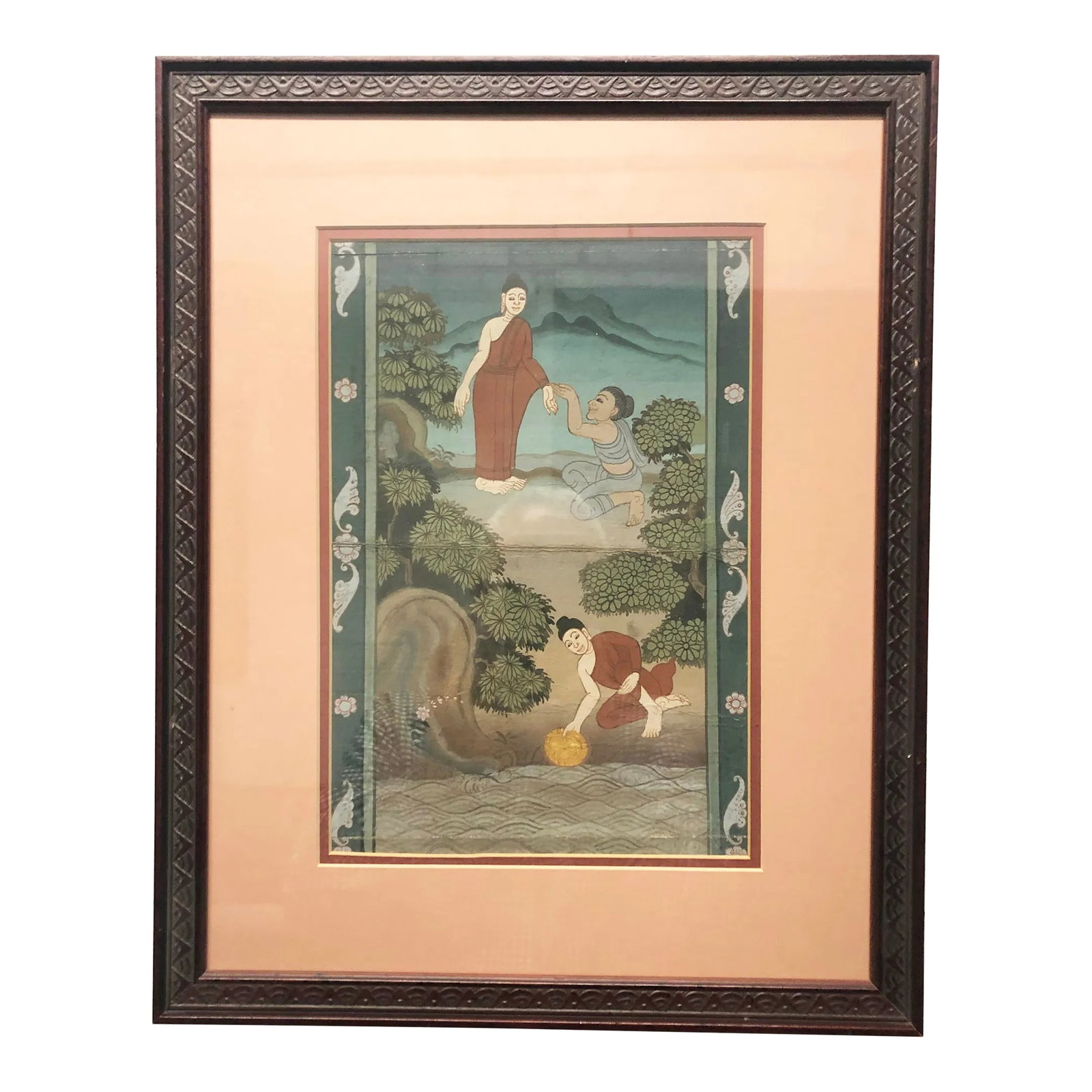 Pair Antique Thai Manuscript Gouache Paintings, Framed - Set of 2: Pair of 19th Century Antique Thai Gouache Paintings. Beautifully framed and double matted. The crease in the middle is common on all examples as they were originally part of a manuscript. Measures 13