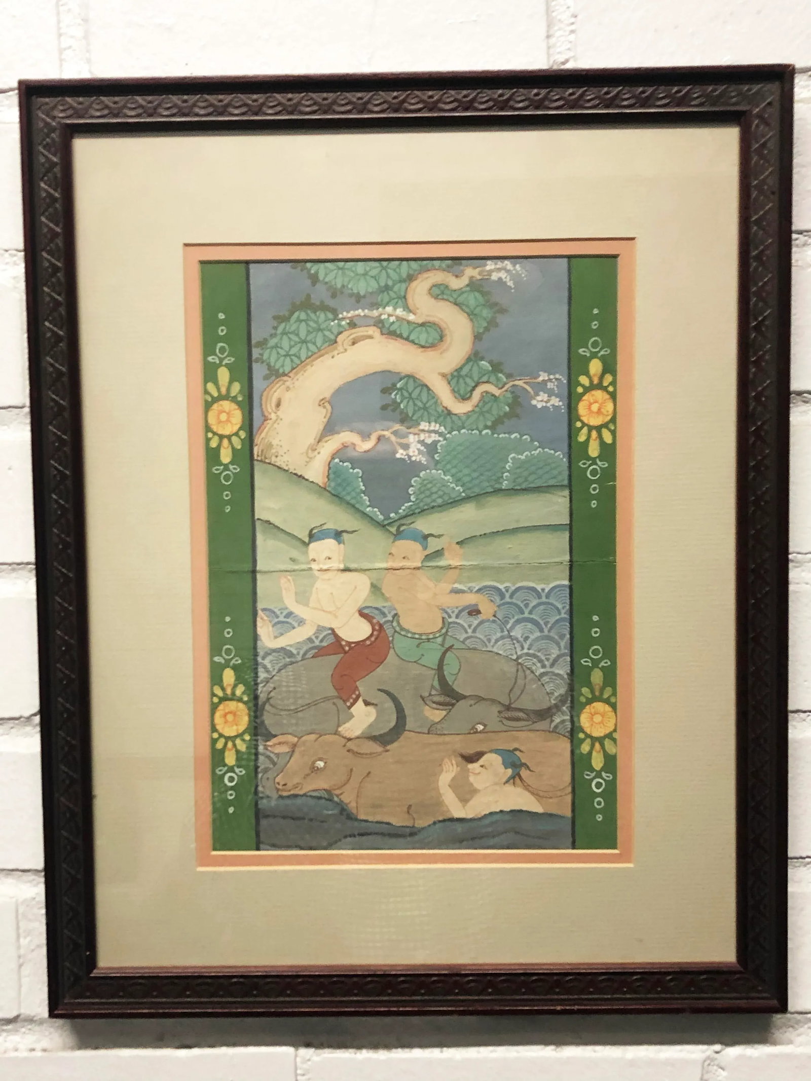 Pair Antique Thai Manuscript Gouache Paintings, Framed - Set of 2 - 4