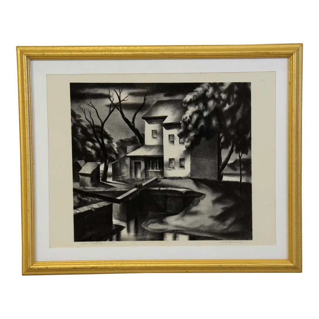 1940s "Lock House #64" G. Ralph Smith Lithograph, Framed: Black and white lithograph entitled, "Lock House #64" by G. Ralph Smith (American, 1907-2007). Titled and numbered 25/40 lower left; signed lower right. Image size 12 1/4" x 13 1/2". Overall with fram