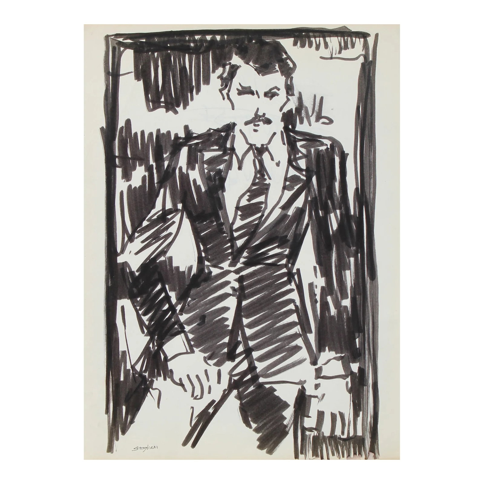 Man in a Suit 20th Century Ink: This mid to late 20th century ink drawing of businessman is by Pasquale Patrick Stigliani (1926-2003), a New York City painter and poet. He was an independent artist trained under the principles of