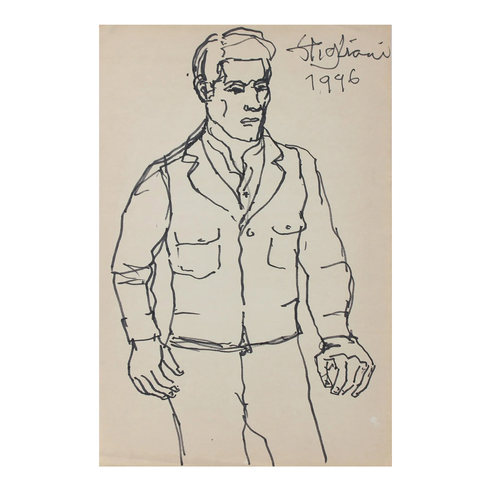Modernist Portrait of a Man 1945 Ink: This mid to late 20th century ink figure drawing is by Pasquale Patrick Stigliani (1926-2003), a New York City painter and poet. He was an independent artist trained under the principles of New