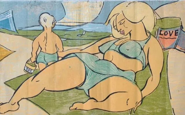 Mid 20th Century Pop Art Fashion Print of a Sunbathing Woman: Striking, large vintage unframed fashion print of a sunbathing woman on the beach. Gorgeous graphics and color palette. Seller Managed Delivery to be shipped by seller within 3-5 business days