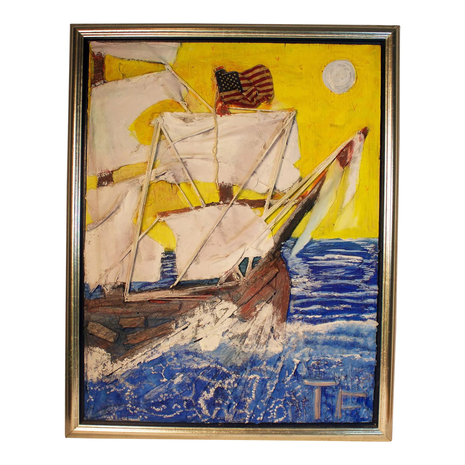Contemporary Mixed Media Art of an American Clipper Ship: Mixture of acrylic paint, plaster of Paris, string, textiles, a miniature American flag, etc. Unknown date. Signed "TF". Measures 26"w x 33"t including frame. Condition: Alterations: Original Conditio