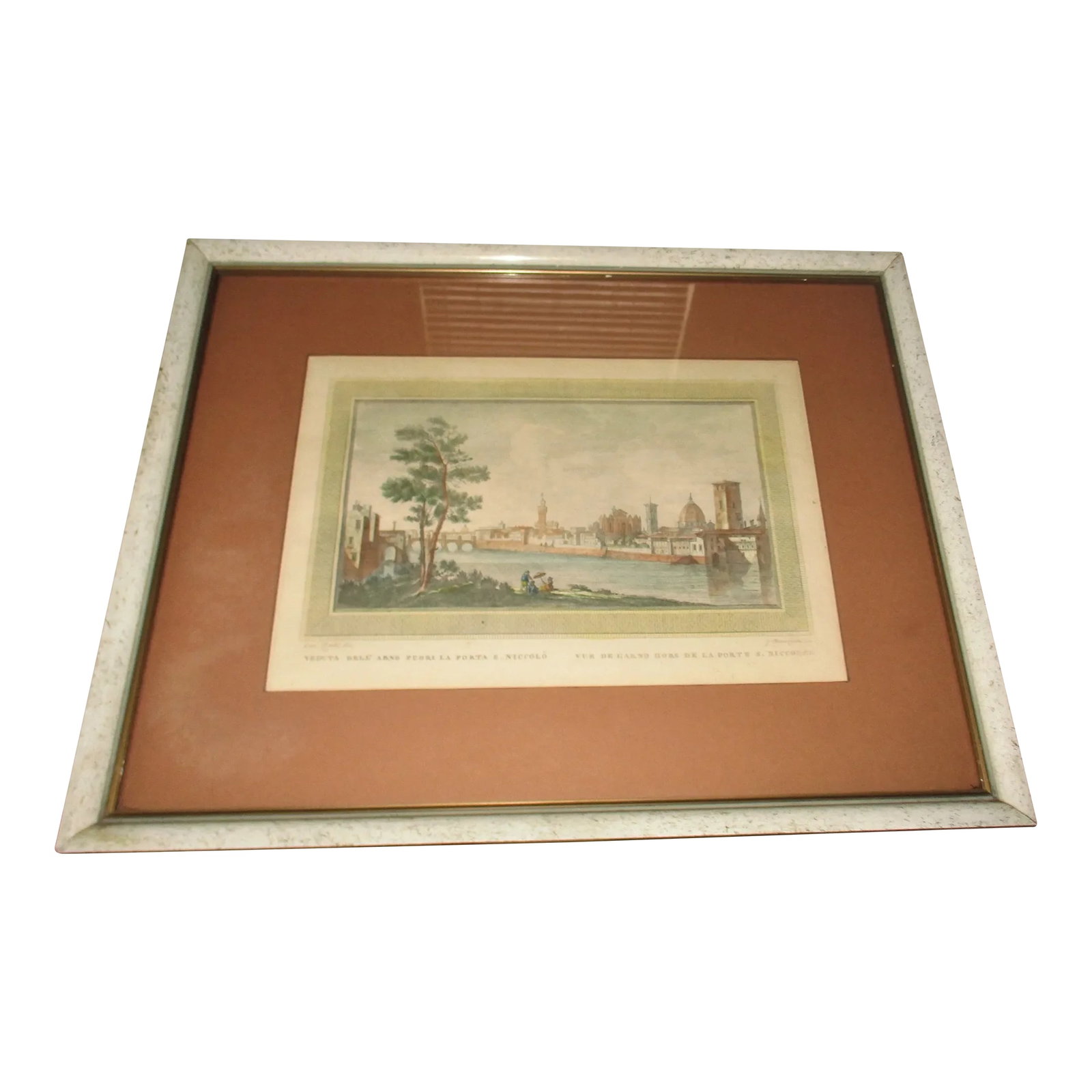Guiseppe Zocchi (1711-1767) Hand Colored Engraving "Vue Du Pont a La Carraia": Rare original engraving by Giovanni Checchi (1768-1805) after Guiseppe Zocchi (1711-1767) titled the Vue Du Pont A La Carraia. The text is in Italian and French, and it is signed lower left Guis. Zocc