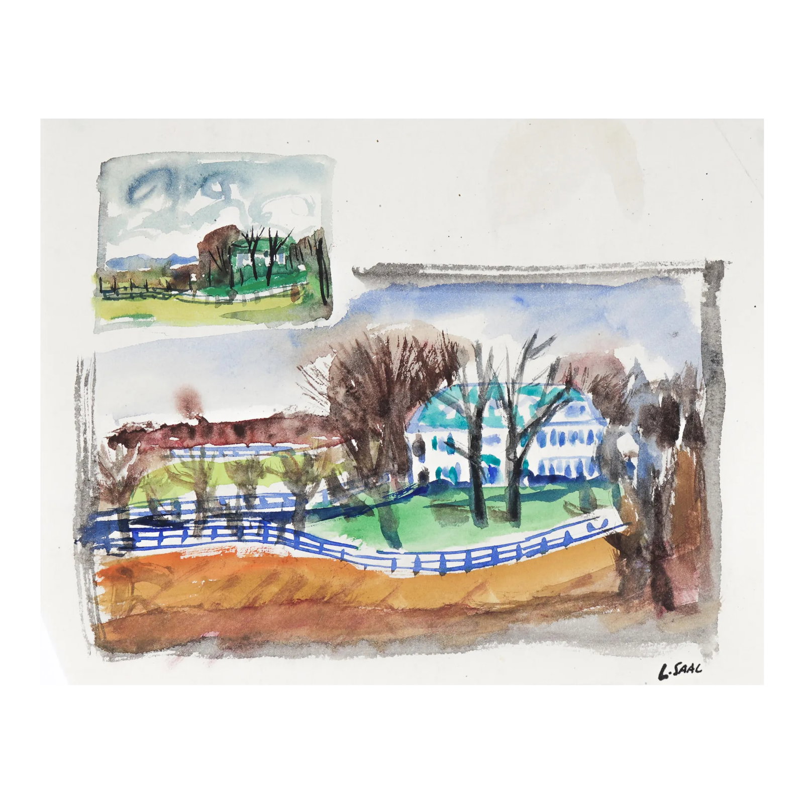 Critchfield Estate 1967 Watercolor: Entitled Critchfield Estate, this 1967 watercolor on paper city scene is by Russian-born artist Leo Saal (1912-1996). Saal was born in Petrograd (now Saint-Petersburg), Russia shortly before the Bolsh