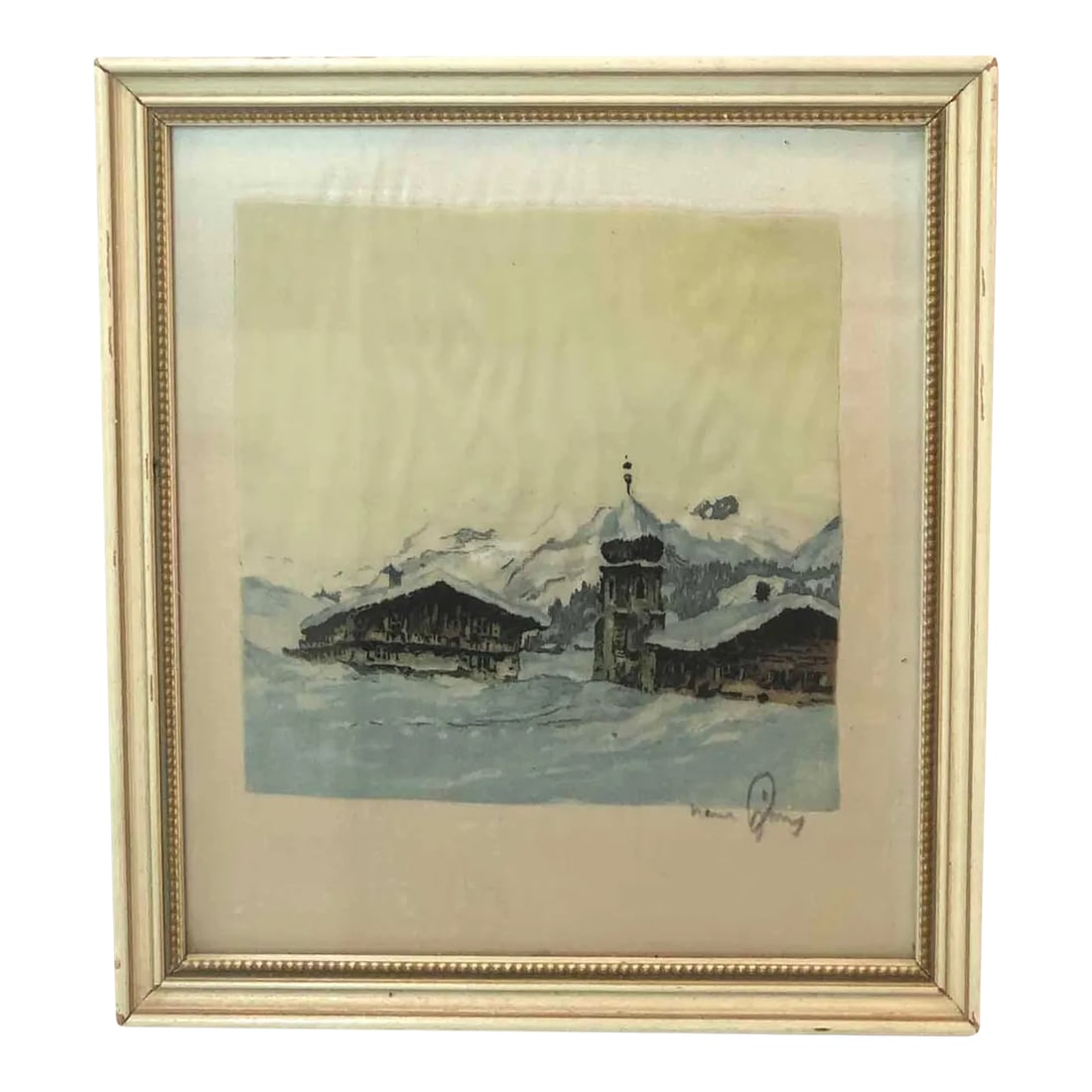 1920s "Onion Tops" Hans Figura Aquatint Silk Print, Framed (Sb18): Small aquatint on silk of a Bavarian village in the snow with mountains in the background. The blues and grays almost make you cold looking at it. According to handwritten note on back, this is