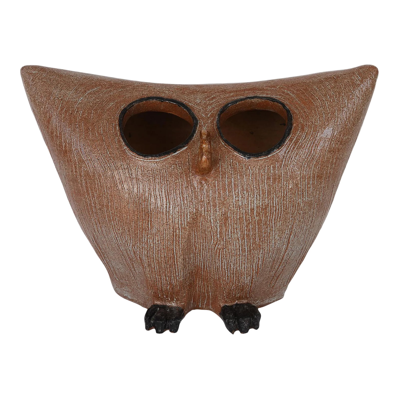Vintage Signed Modernist Hollow Ceramic Owl Sculpture: This is one of the most unique modernist owl sculptures you'll ever lay eyes on! It almost looks like an old Japanese ikebana vase. It is a hollow piece with two large holes as the eyes. Signed