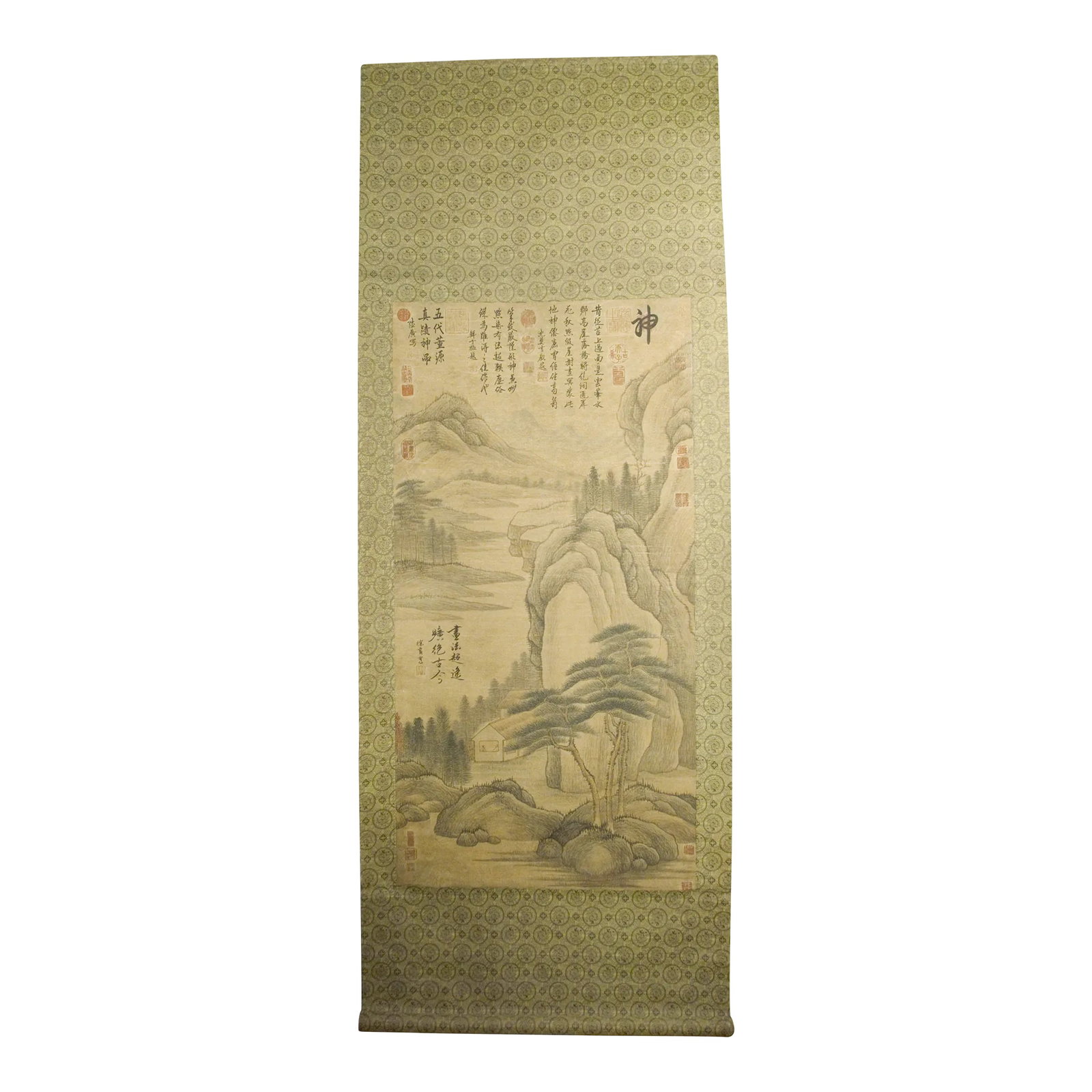Early 20th Century Chinese Landscape Scroll: Chinese landscape scroll, freely drawn colored inks on heavy paper, mounted on a gold, gray and silk brocade in a dragon medallions pattern, signed, with three poems in Chinese caoshu script and