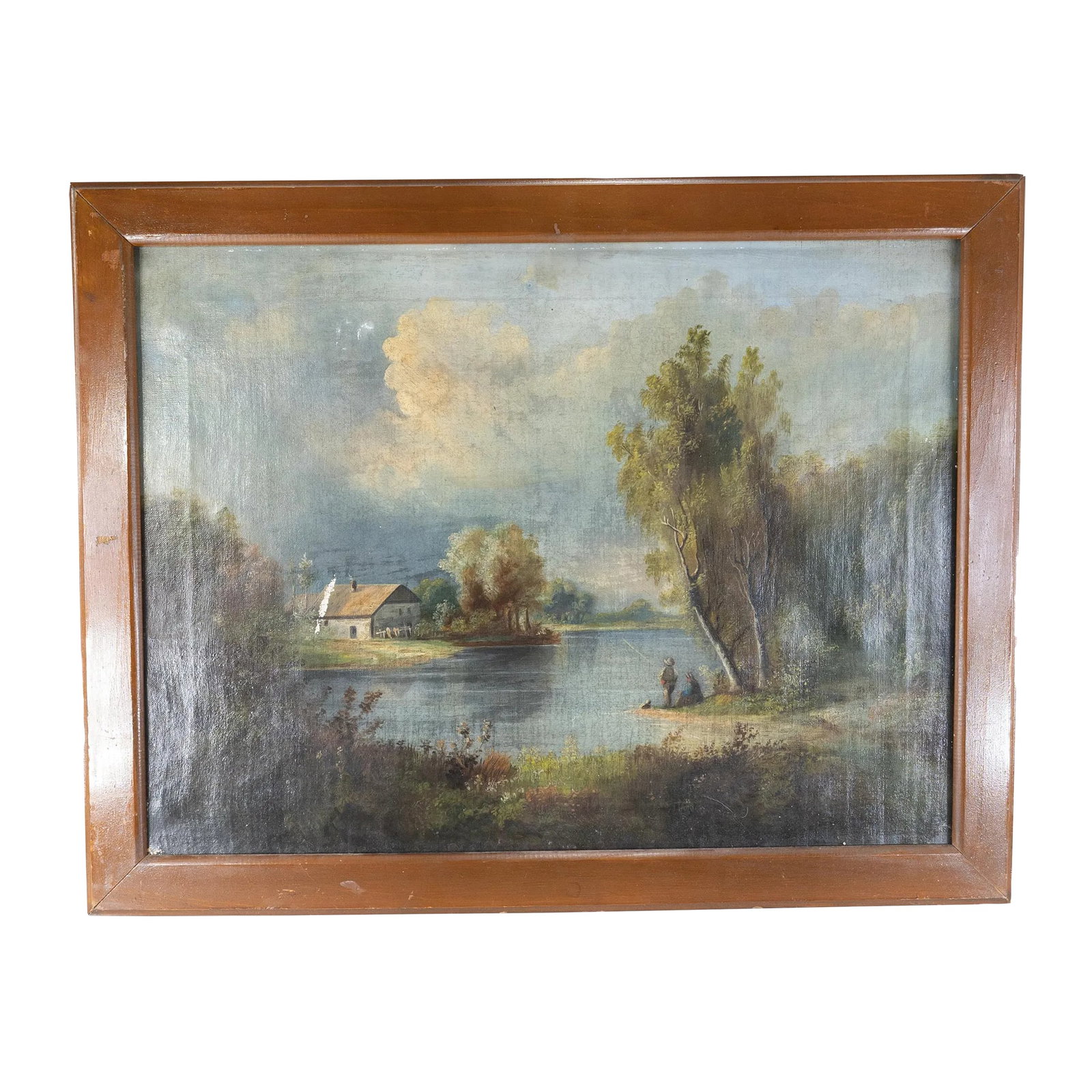 Continental European Landscape Fishing Scene Painting: We are selling this simple European landscape painting. This painting of a simple lake scene with fisherman and a building is probably German or Italian. The back of the painting has an old German