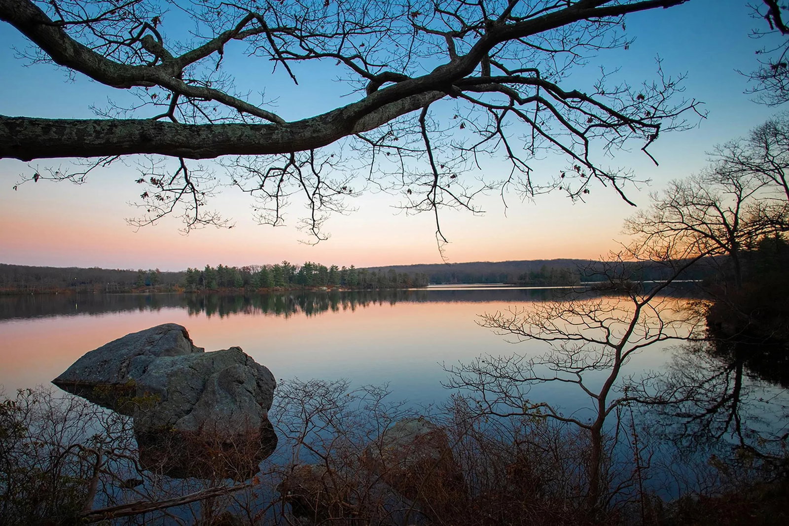 "Harriman 13" Contemporary Lake Landscape Photograph by Michael Filonow: Landscape photograph of a lake in Harriman State Park, New York. Printed on Archival Fine Art Paper. Condition: Imperfections: No Imperfections Materials & Techniques: Color Photography Details: