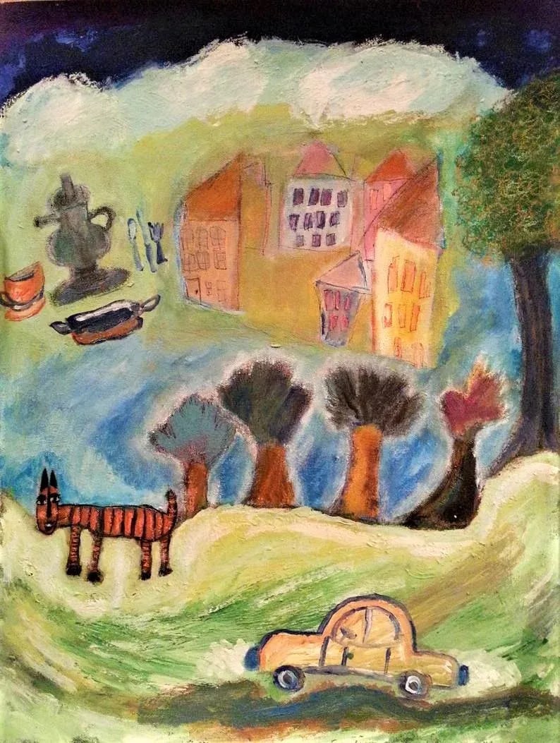 Original Expressionist Acrylic Painting on Canvas, "Traveling in the Land of Fairytales": I started writing children's books many years ago and have been greatly influenced by fairy tales and children's stories in my writing. This painting has the feeling of a make believe land and