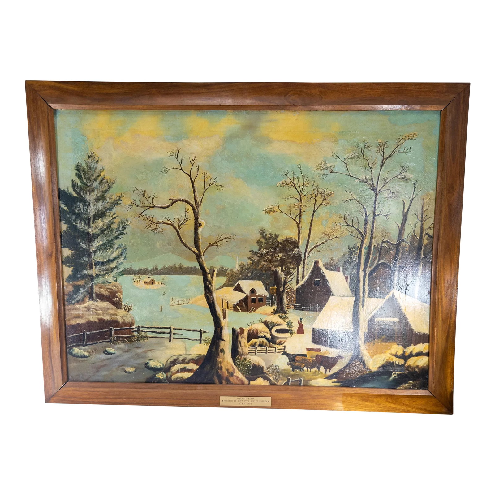 19th Century American Folk Art Americana Landscape Painting of a Farm: We are selling this great 19th century American Folk Art Painting. This naive primitive painting is a landscape of a farm probably by a relatively untrained artist. The painting is labeled as Wilmott