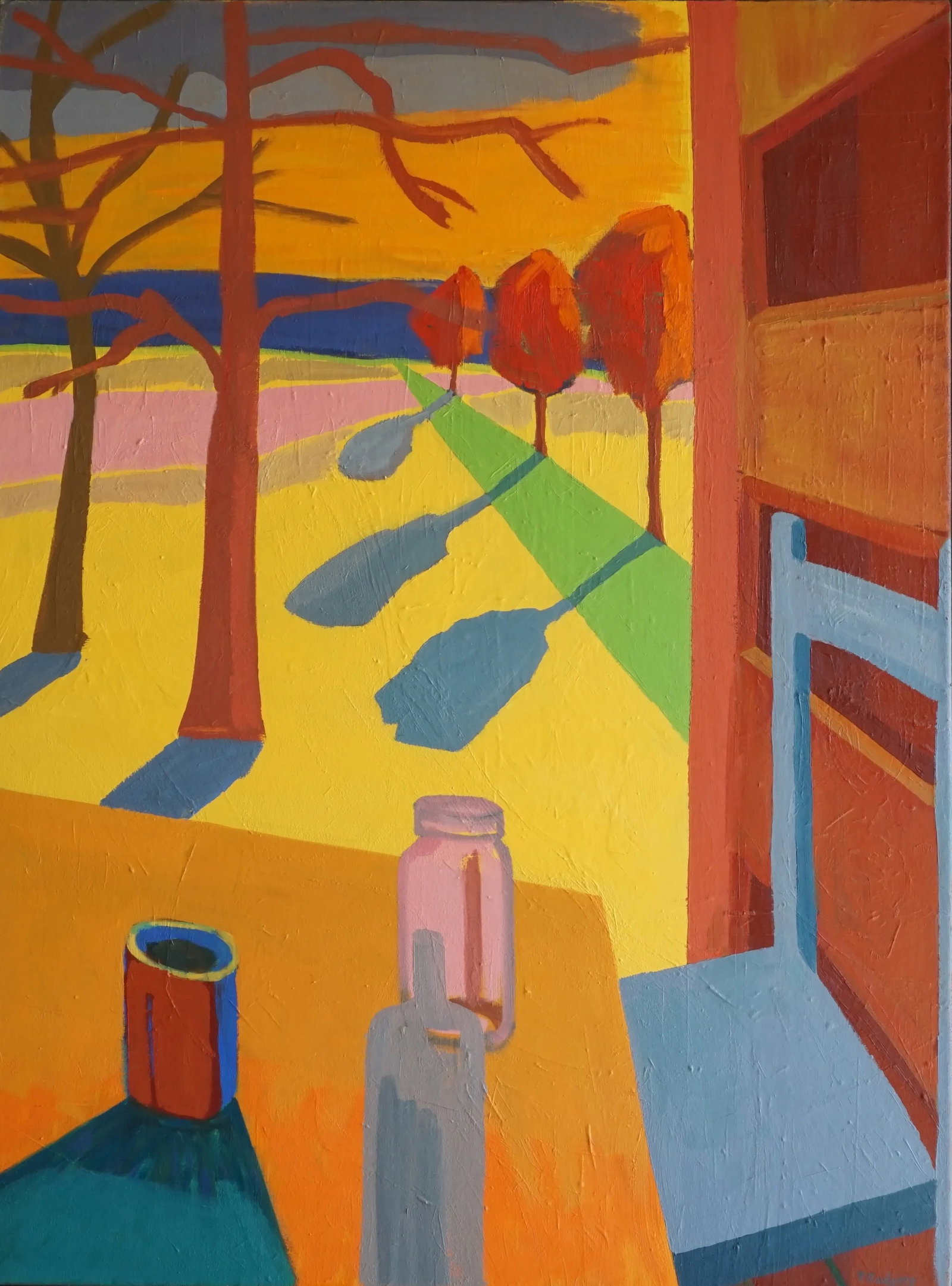 "Room With Pink Jar" Contemporary Expressionist Interior with Landscape Oil Painting: The theme of inside and outside spaces is a common one for me. Working from life, I reduce the composition to geometric shapes to emphasize color, space, and light. I worked on this painting a long