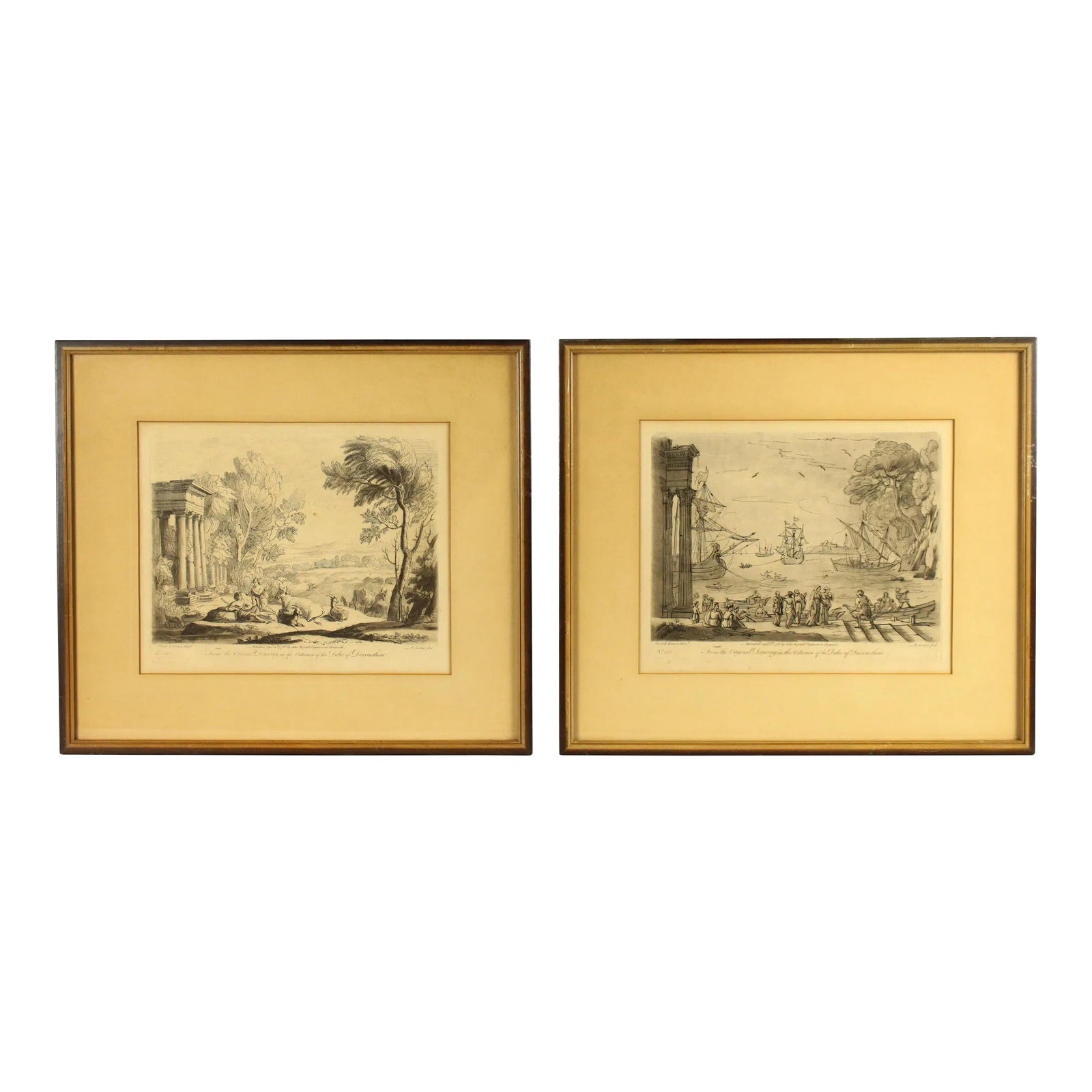 1775-76 Richard Earlom Pair of Mezzotints "Liber Veratis" by Claude Lorrain: A historic set of two original Mezzotints, after the "Liber Veritatis" book of drawings by the quintessential French Baroque master painter Claude Lorrain (1600-1682) Made by prominent British printma