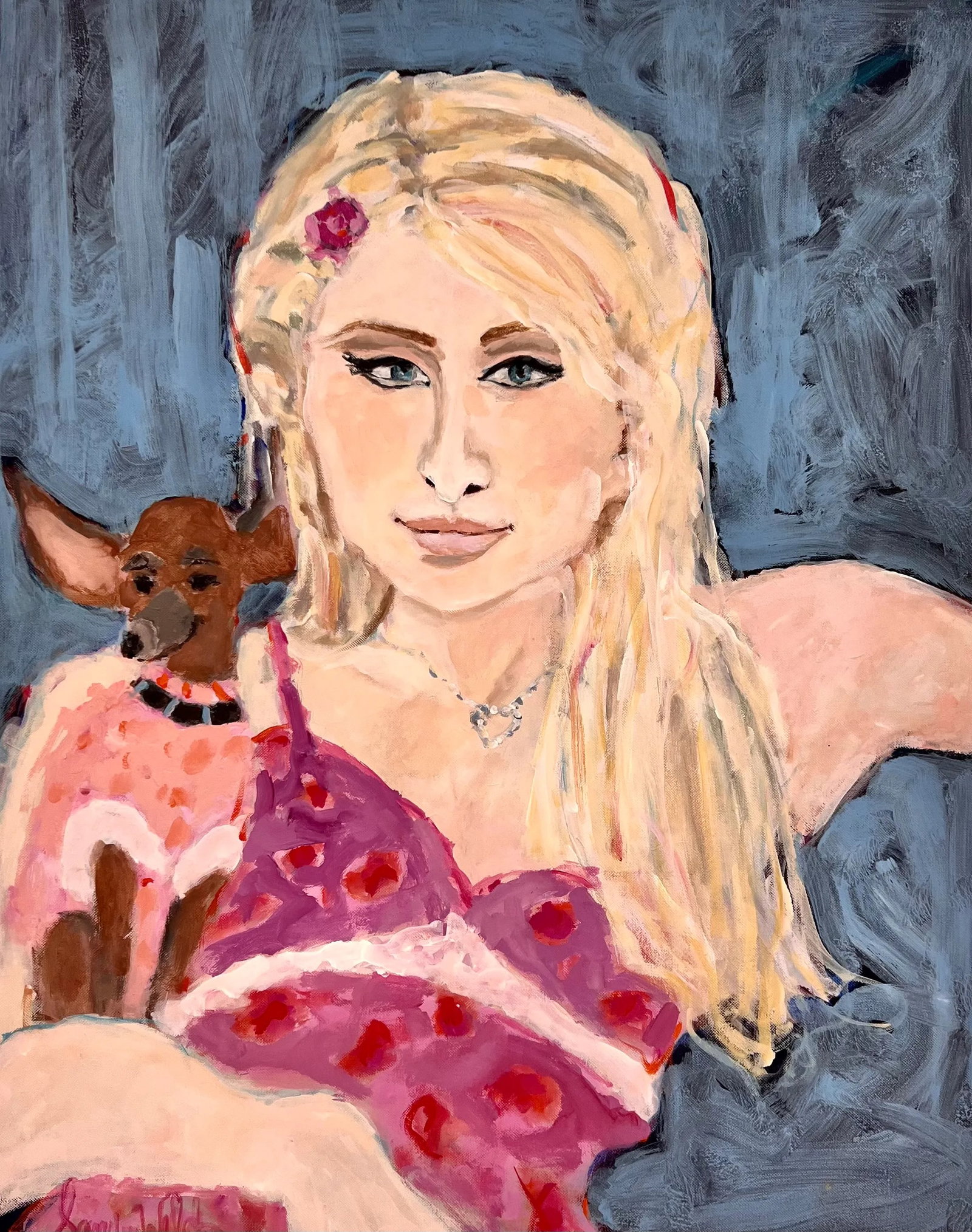 "Paris Hilton" Contemporary Original Expressionist Acrylic Pop Culture Portrait Painting by Sandy We: Paris is an American media personality, businesswoman, socialite, model and entertainer. She is seen here with her precious dog Tinkerbell! She is the great grand daughter of Conrad Hilton ..founder