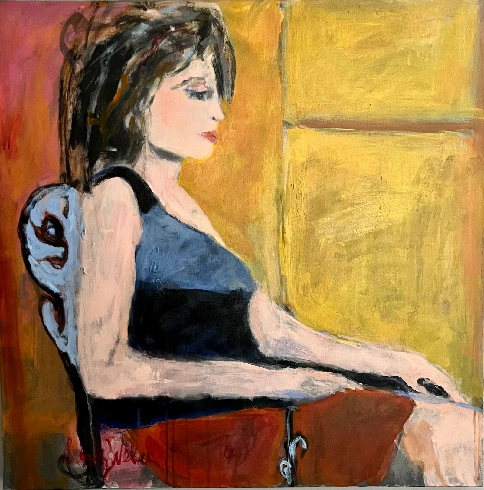 "Home" Contemporary Original Expressionist Portrait Painting of a Seated Woman by Sandy Welch: Nothing like being Home....nestled in your favorite chair thinking about the day ...a good day! Colorful and dramatic...layers of golden warm yellows and and cool blues. Very Diebenkorn-ish! Condition