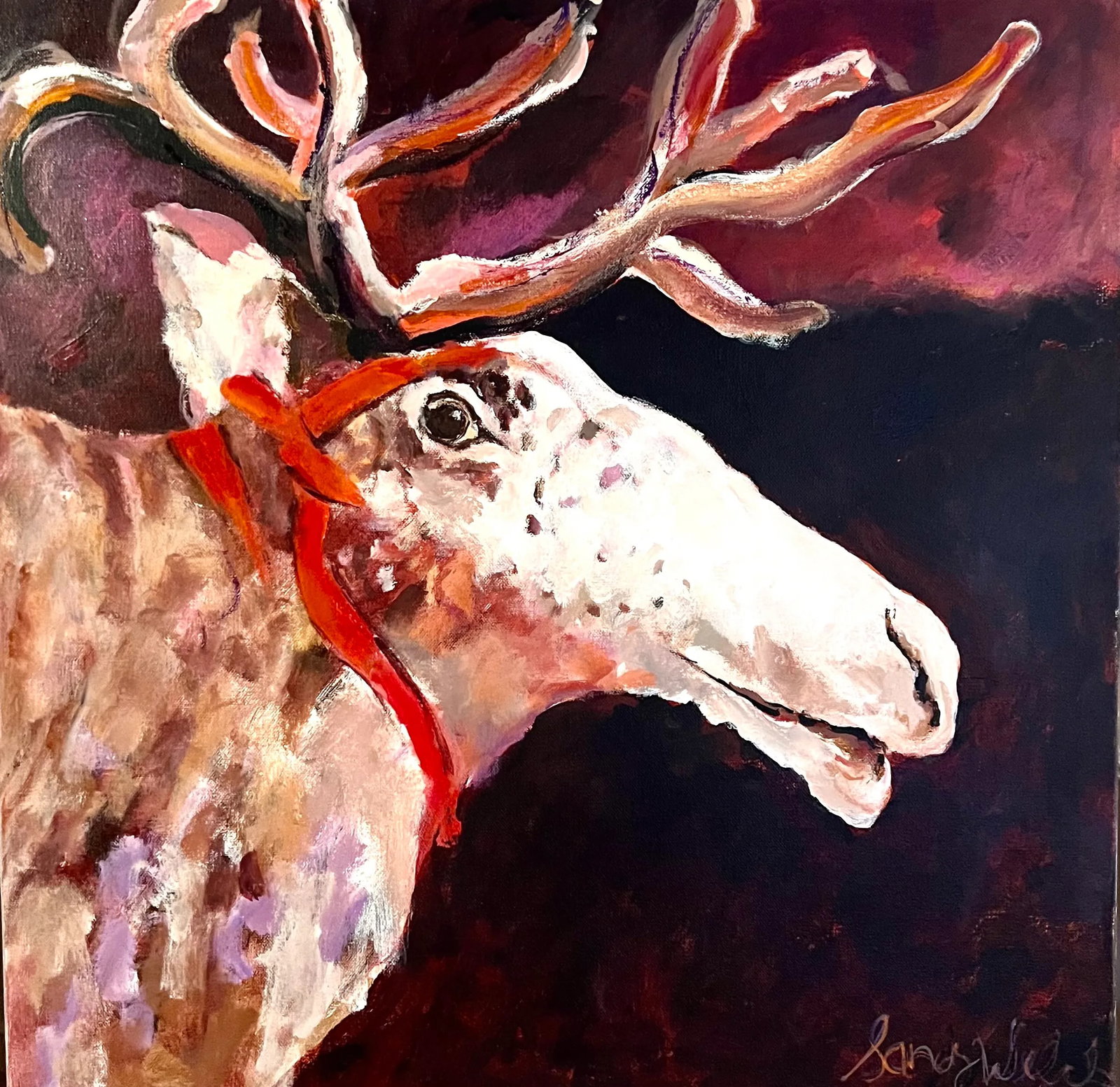 "Meet Randolph (Rudolphs Cousin)" Contemporary Original Expressionist Acrylic Painting by Sandy Welc: Of course everyone know Rudolph the Red Nose Reindeer but did y ou know that he has a very handsome cousin by the name of Randolph..Notice his beautiful antlers and wonderful eyes...and how bout that