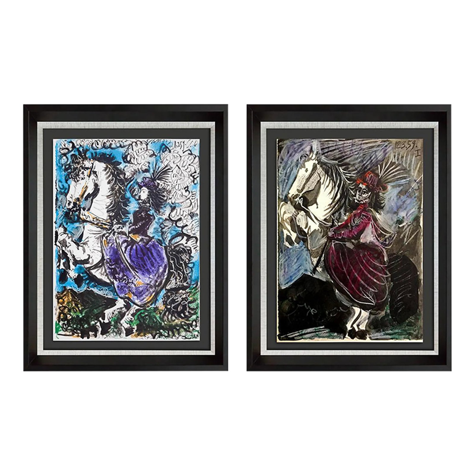 2 Pablo Picasso Lithograph Limited Ed. Jacqueline on Horse (Set of 2) W/Frames: 2 Pablo Picasso Limited Edition Lithographs, 1961. Jacqueline on horse (2pc Set). Size: 40cm x 30cm (10 3/4 x 14 in.) ea. Sur les presses de Fernand Mourlot 'Editions Cercle D'Art, Paris. Dated in
