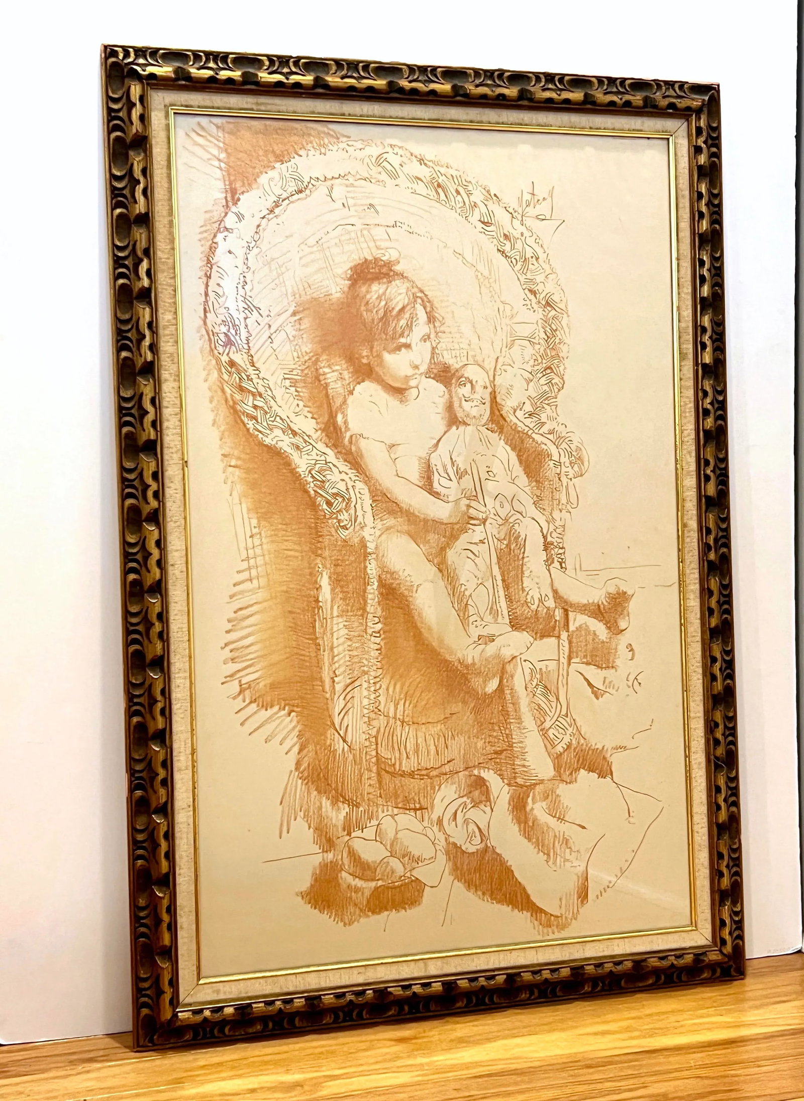 Conger Metcalf Painting, Portrait of Girl With Doll, Conte Crayon on Paper in Gold Leaf Frame - 10