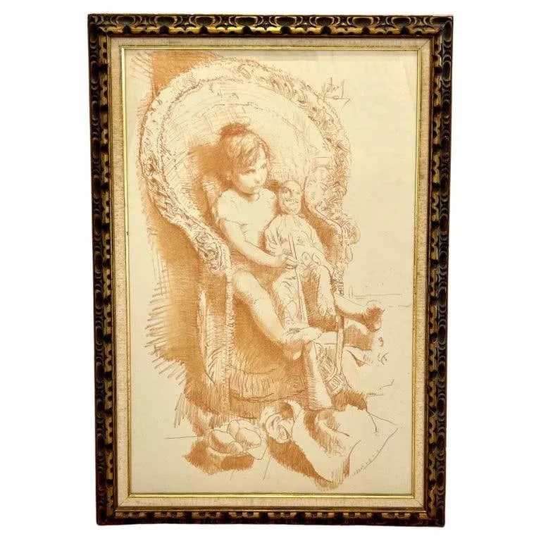 Conger Metcalf Painting, Portrait of Girl With Doll, Conte Crayon on Paper in Gold Leaf Frame - 12