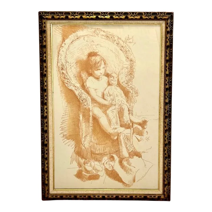Conger Metcalf Painting, Portrait of Girl With Doll, Conte Crayon on Paper in Gold Leaf Frame: Conte crayon on paper portrait by American Artist Conger A. Metcalf (1914-1988). The fine impressionist painting features a young girl holding a Victorian era doll while sitting on a peacock chair. Th