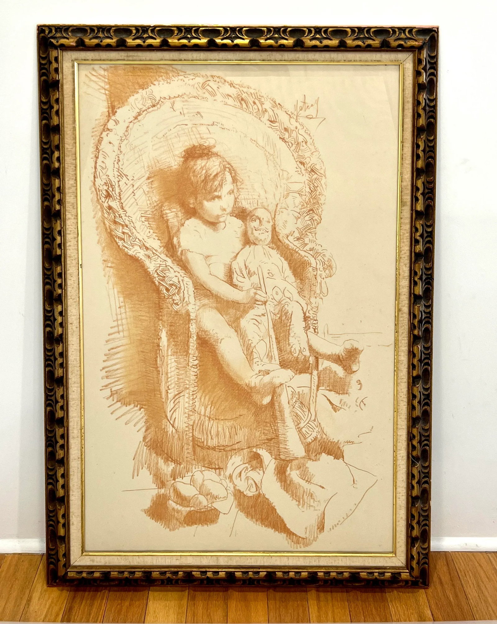 Conger Metcalf Painting, Portrait of Girl With Doll, Conte Crayon on Paper in Gold Leaf Frame - 2