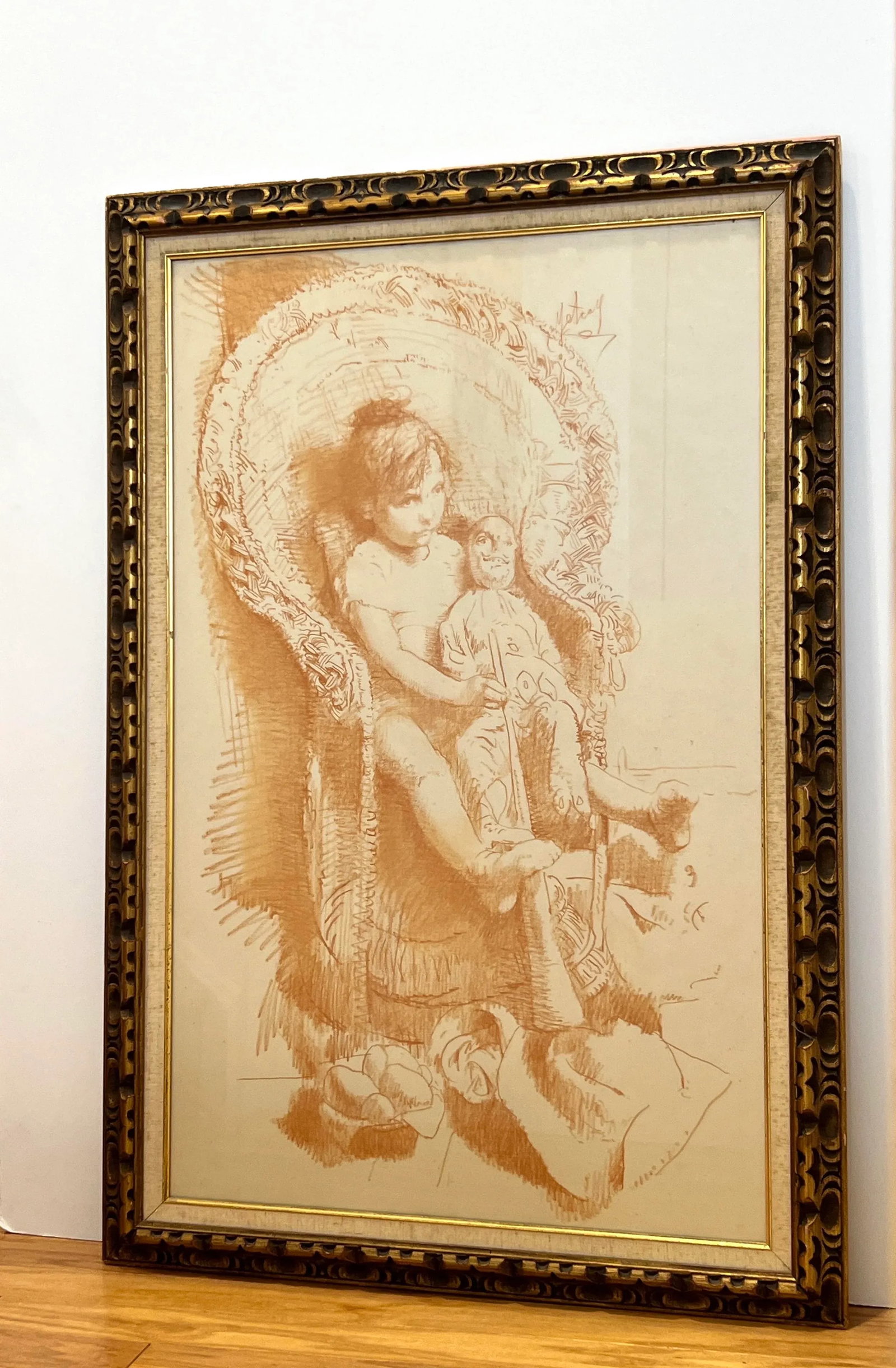 Conger Metcalf Painting, Portrait of Girl With Doll, Conte Crayon on Paper in Gold Leaf Frame - 3