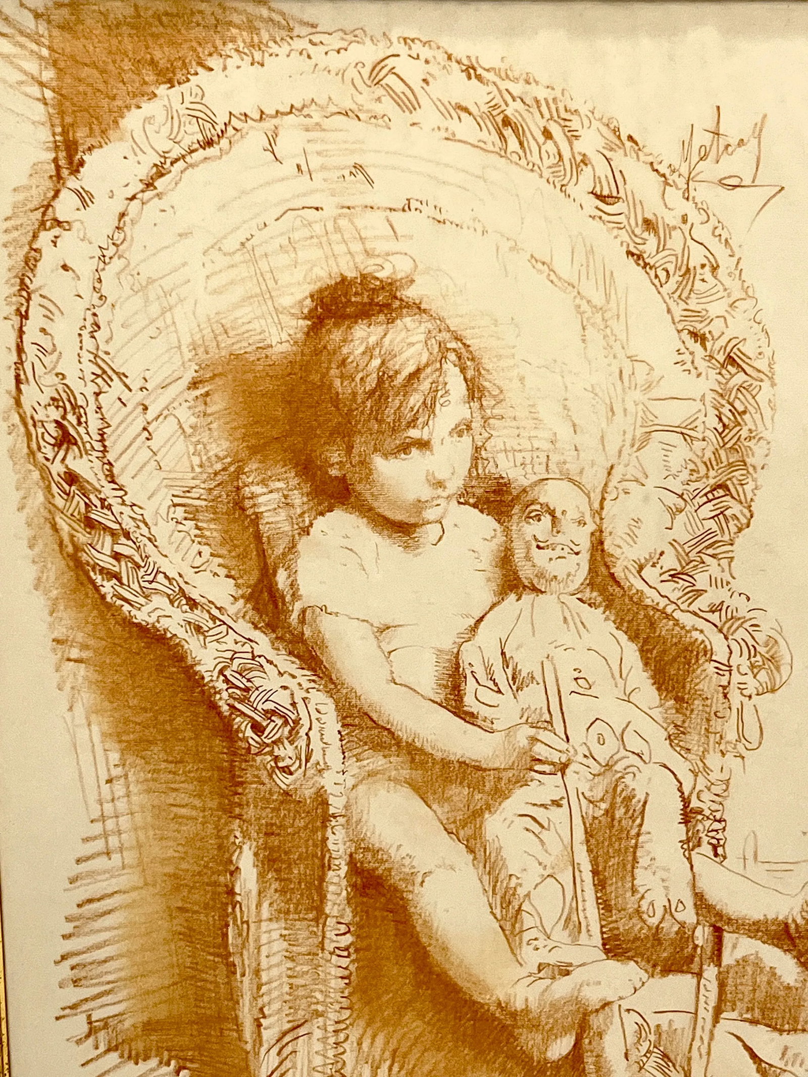 Conger Metcalf Painting, Portrait of Girl With Doll, Conte Crayon on Paper in Gold Leaf Frame - 4