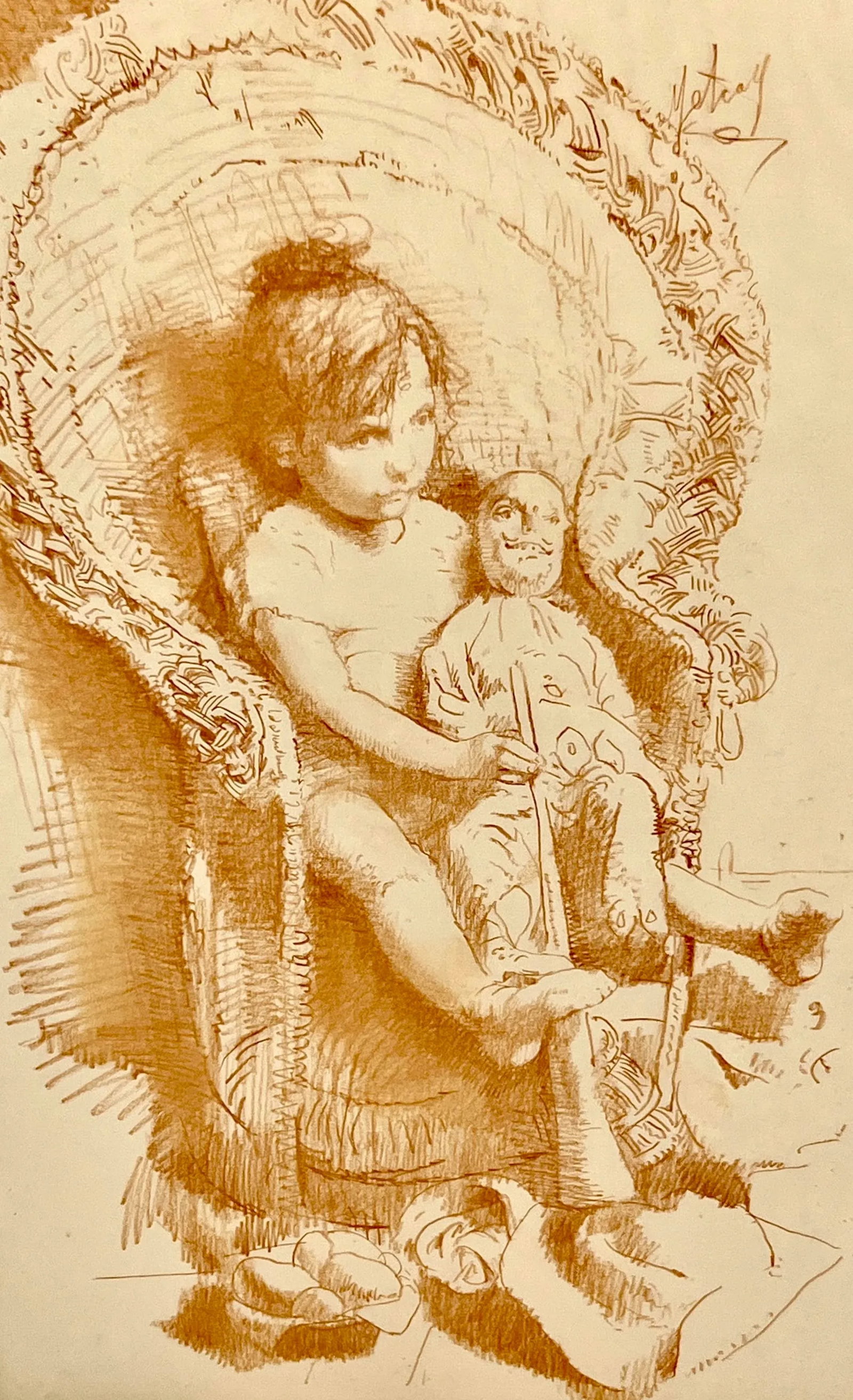 Conger Metcalf Painting, Portrait of Girl With Doll, Conte Crayon on Paper in Gold Leaf Frame - 5
