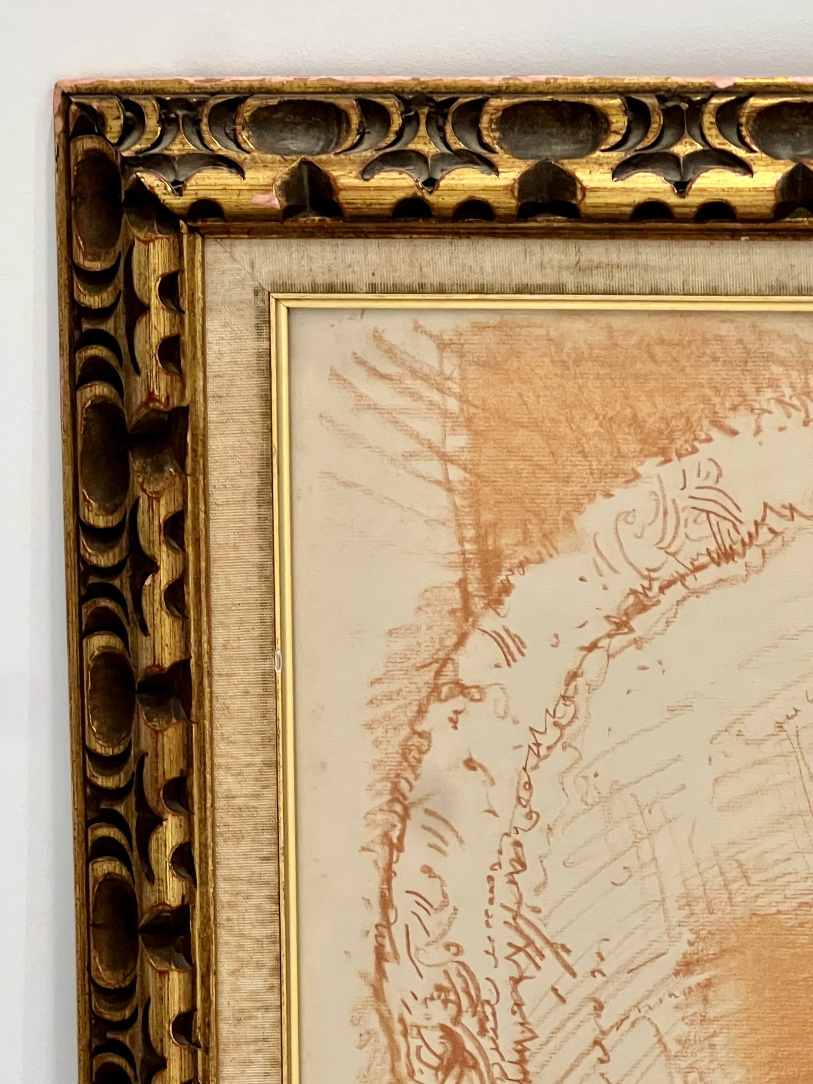 Conger Metcalf Painting, Portrait of Girl With Doll, Conte Crayon on Paper in Gold Leaf Frame - 8