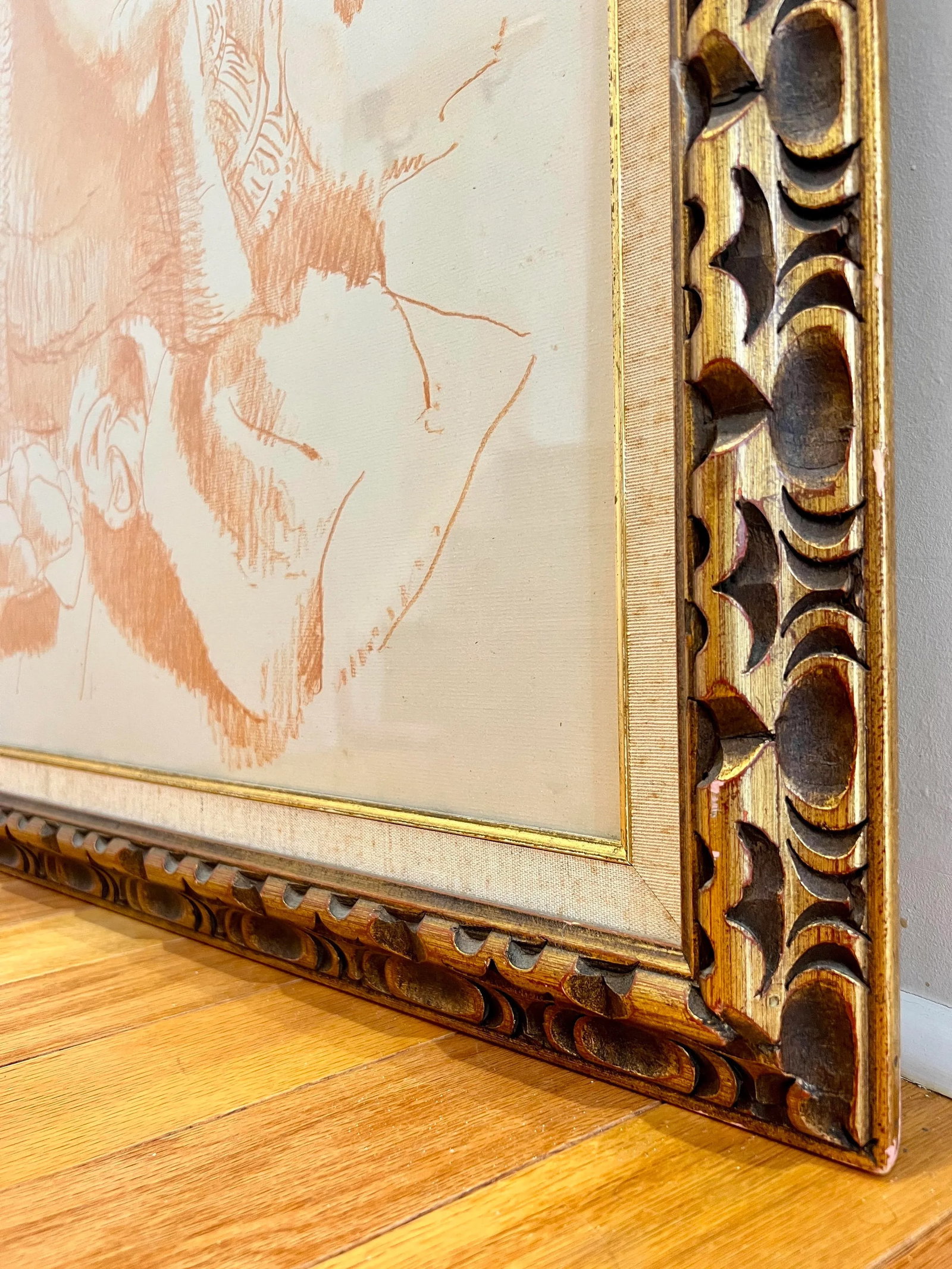 Conger Metcalf Painting, Portrait of Girl With Doll, Conte Crayon on Paper in Gold Leaf Frame - 9