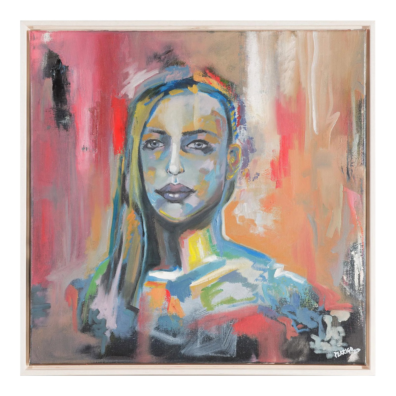 Anthony Perrigo "Blending" Oil on Canvas Original Painting: Anthony Perrigo "Blending" Oil on Canvas Painting. 18" x 18" (19" x 19" framed). Natural wood framed. Representation in its simplest form. The female portrait created out of the use of color is meant