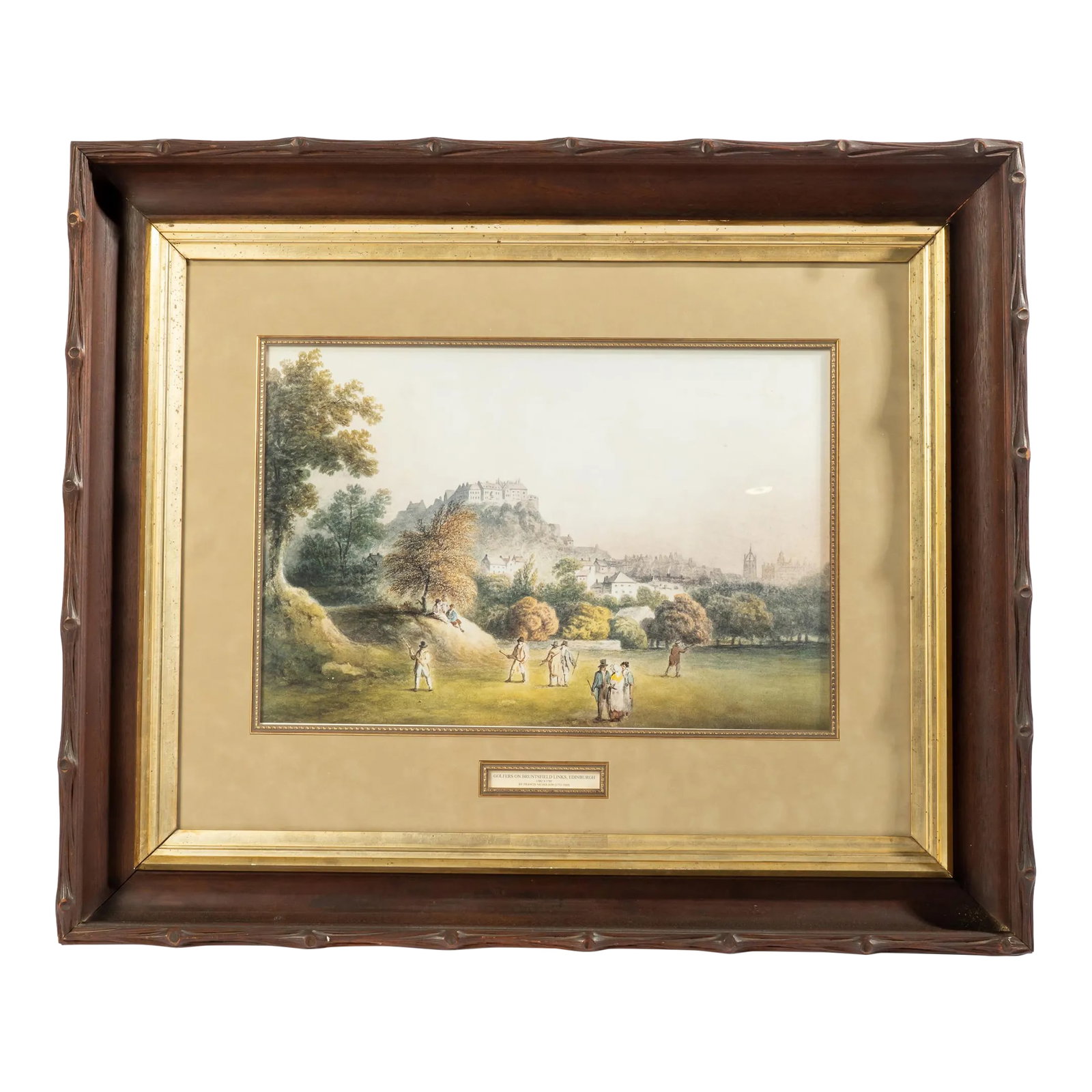19th Century Golf Scene Lithograph in Carved Walnut Faux Bois Frame: An antique golf lithograph in Walnut faux bois frame titled "Golfers on Bruntsfield Links, Edinburgh." After a painting Circa 1785 by Francis Nicholson (1753-1844) Condition: Alterations: Unknown