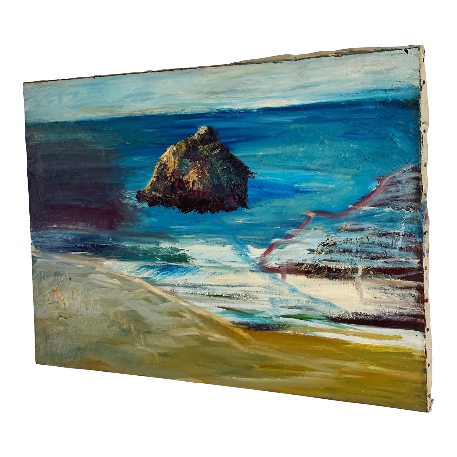 Mid-Century Oil Painting Depicting California Ocean by Olive Van Bergen: Mid-Century Oil Painting depicting California Ocean by Olive Van Bergen Measures approx: 34 x 24 Raw edged canvas with original tacks and stretcher. Please visit my other listings for more curated