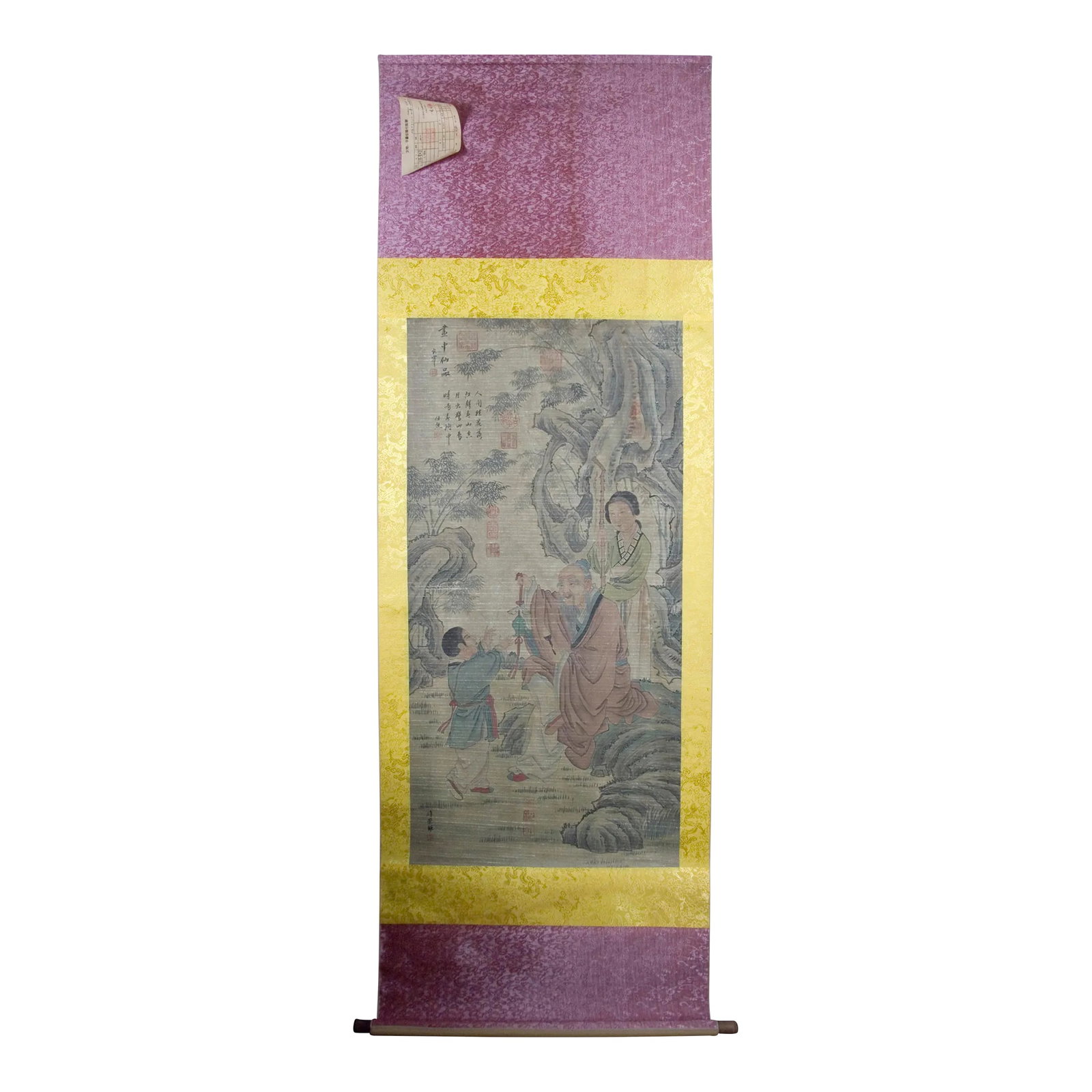 Early 20th Century Chinese Garden Scroll: Chinese garden scroll, freely drawn colored inks on heavy paper, mounted on a shimmering light and dark gold, silk brocade nakamawashi in a pattern of dragons amid leafy vines, with a shimmering