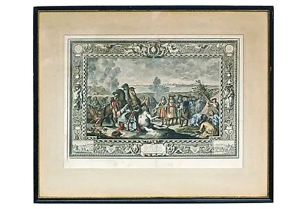 18th Century Siege Scene French Engraving: This antique, 18th century, French engraving depicts a siege scene. Made out of wood, glass, and paper, it is marked "Siege de Douay en l'anee 1667 ou le Roy Louis 14. Estant dans la tranchee, un