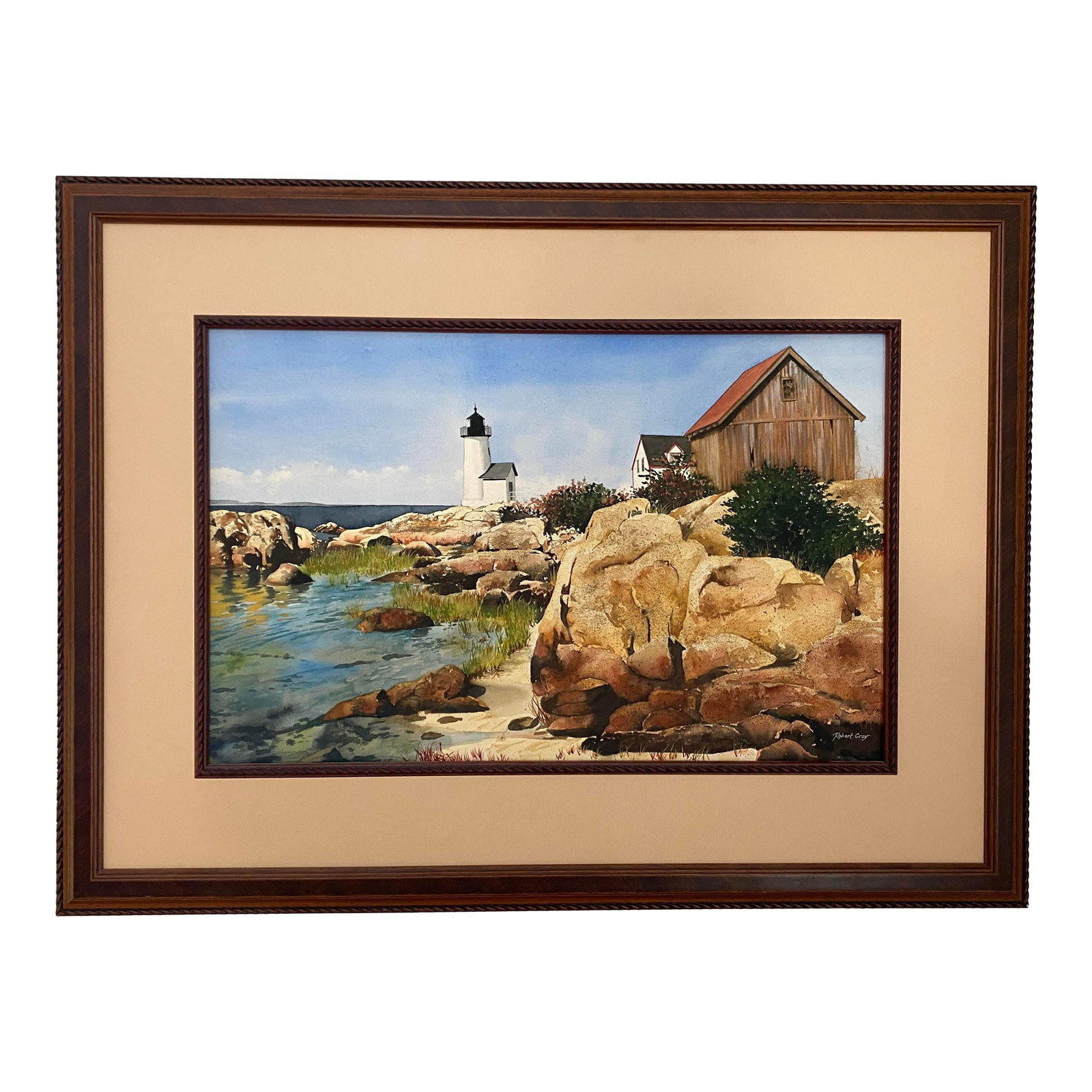 Original Watercolor Coastal Lighthouse Painting by Robert Gray: Vibrant and finely executed coastal watercolor by Robert Gray, featuring a rocky shoreline, still water reflections, and a white lighthouse with adjoining barn and cottage. The artist demonstrates exc