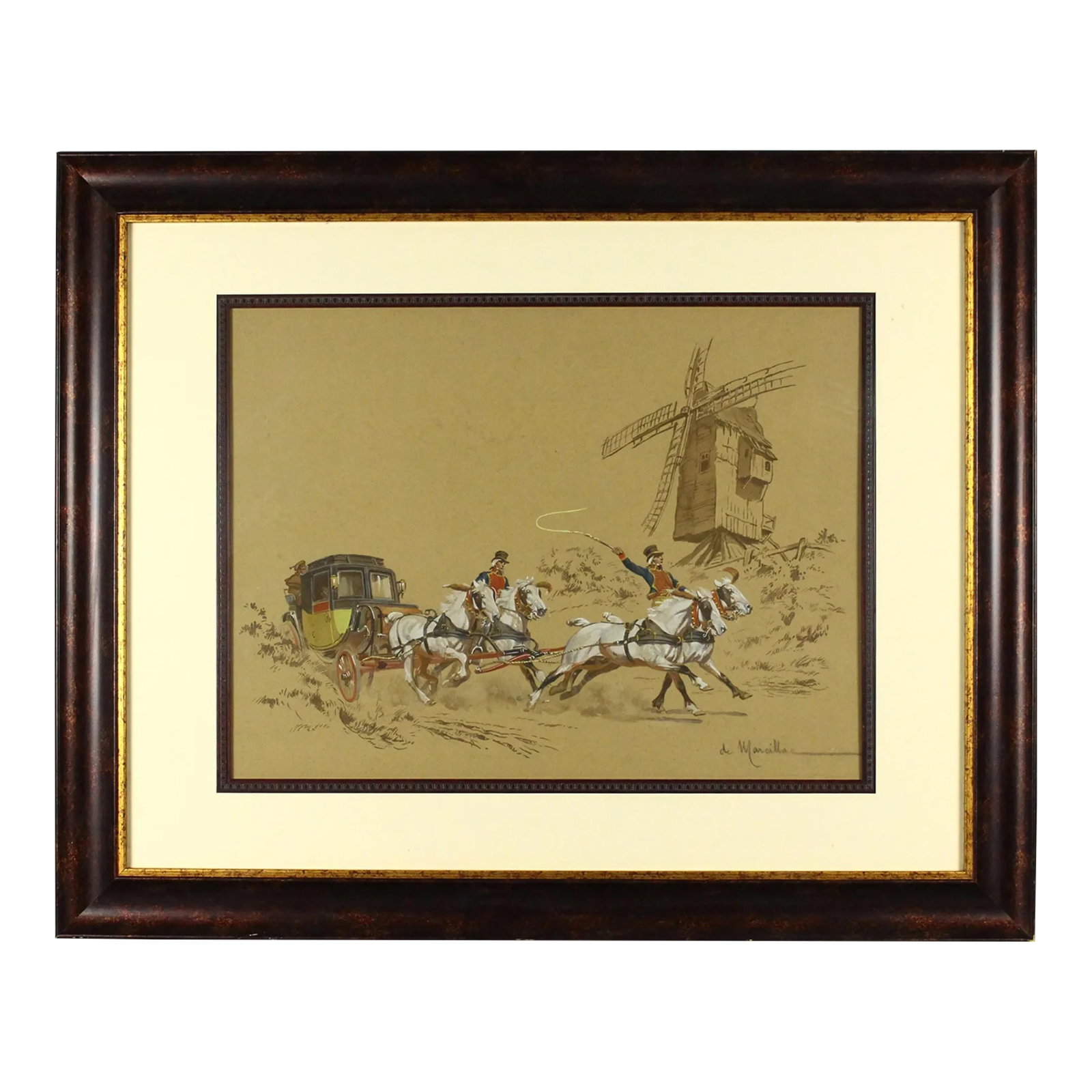 Antique De Marcillac French Gouache and Watercolor Painting of a Stage Coach & Windmill: An interesting gouache and watercolor painting A four horse driven stagecoach in full gallop is passing in front of a windmill French country scenery Signed in pencil lower right "de Marcillac", a Fre