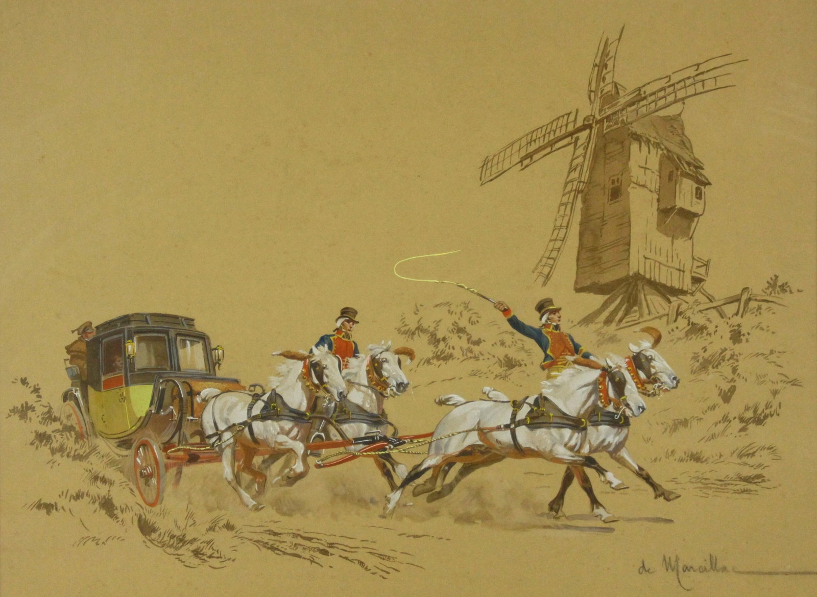 Antique De Marcillac French Gouache and Watercolor Painting of a Stage Coach & Windmill - 2