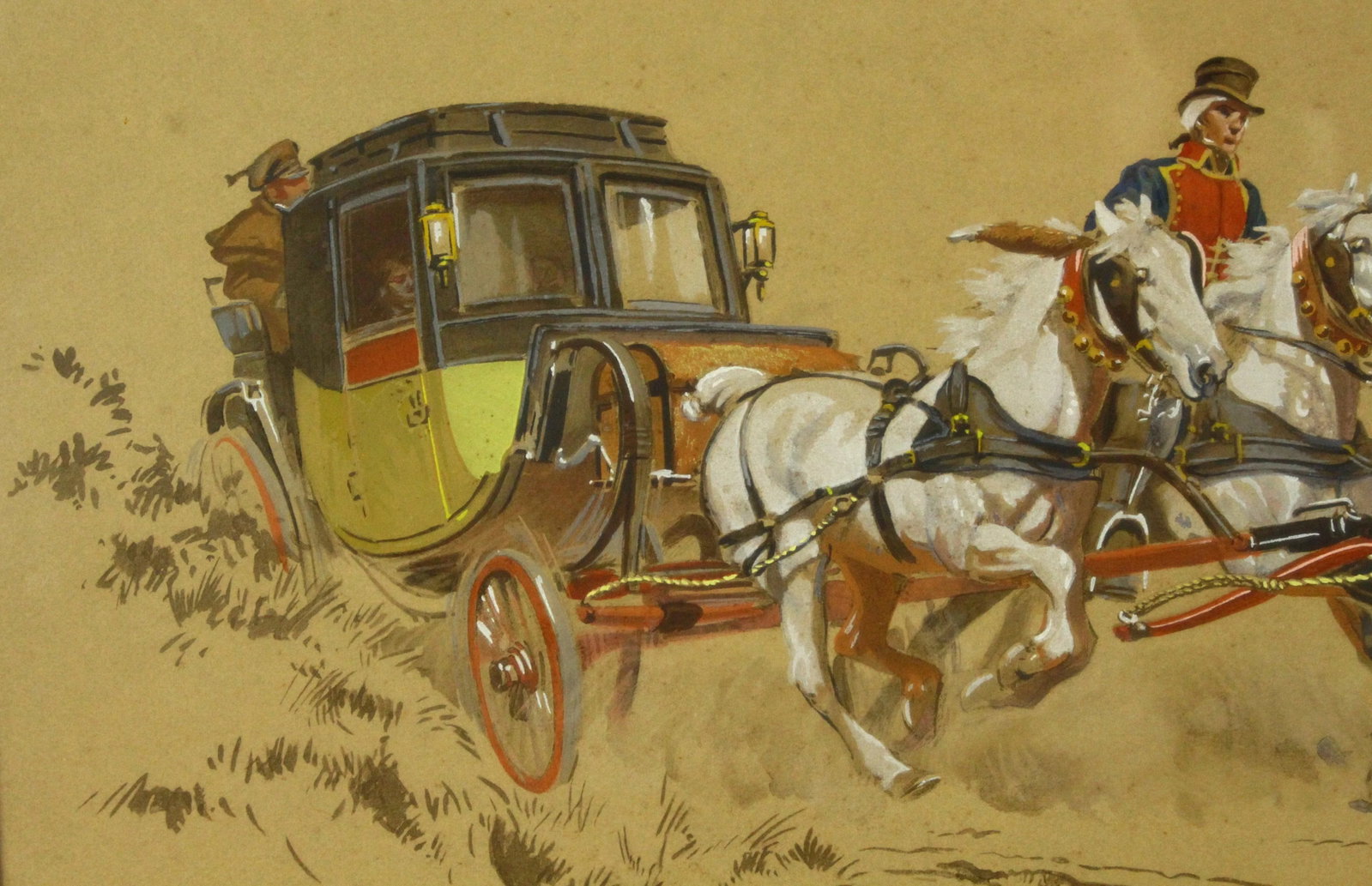 Antique De Marcillac French Gouache and Watercolor Painting of a Stage Coach & Windmill - 4
