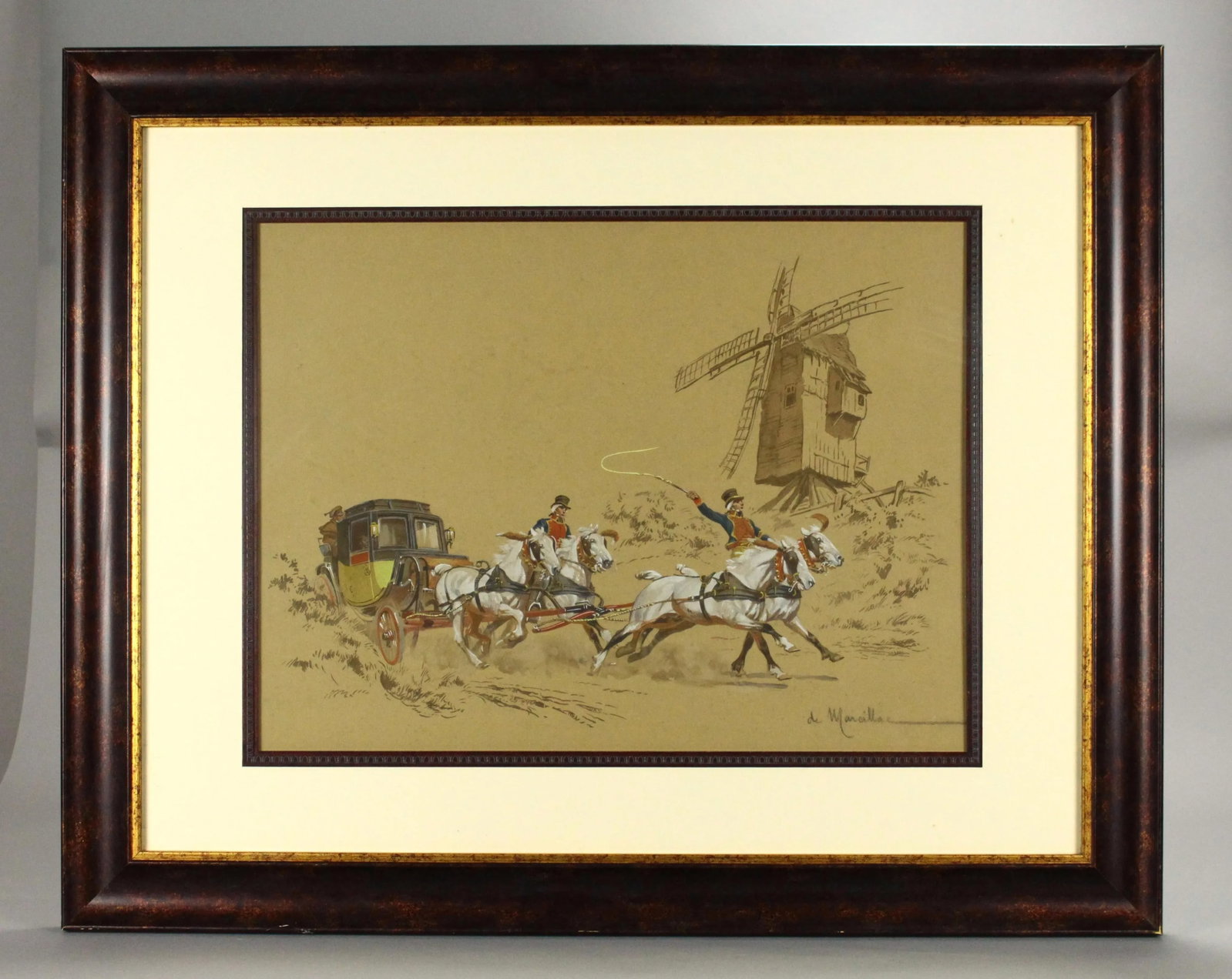 Antique De Marcillac French Gouache and Watercolor Painting of a Stage Coach & Windmill - 8