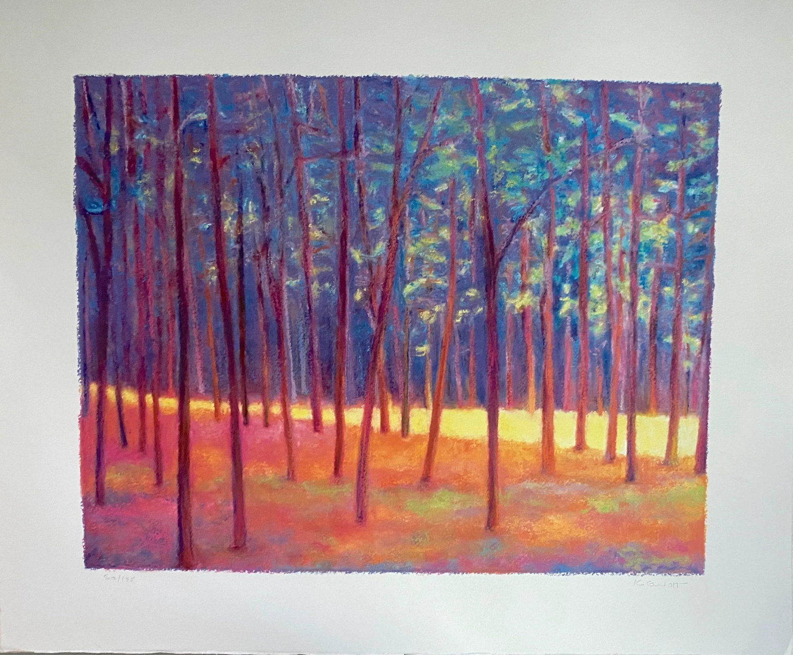 "Clearings Edge" Vintage Giclee Print by Ken Elliott: Ken Elliot's focus is the landscape and its rich store of ideas and inspiration. He is compelled to work from the trees, skies, lakes, and streams in their endless variations. He doesn't try to