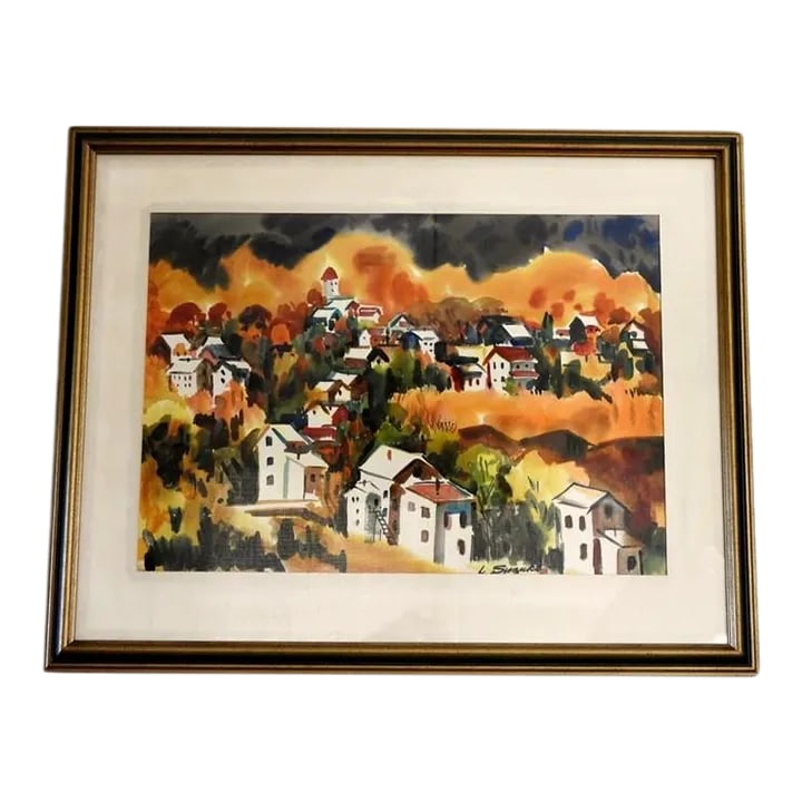 Circa 1960 Lewis Suziki "Grass Valley" Expressionist Landscape Watercolor Painting, Framed: Original watercolor of Grass Valley, California by Lewis Suzuki (1920-2016). Circa 1960. Solid wood frame, glass pane. Signed, titled. Frame is 31"X39", watercolor painting is 20"X29". Bright colors.